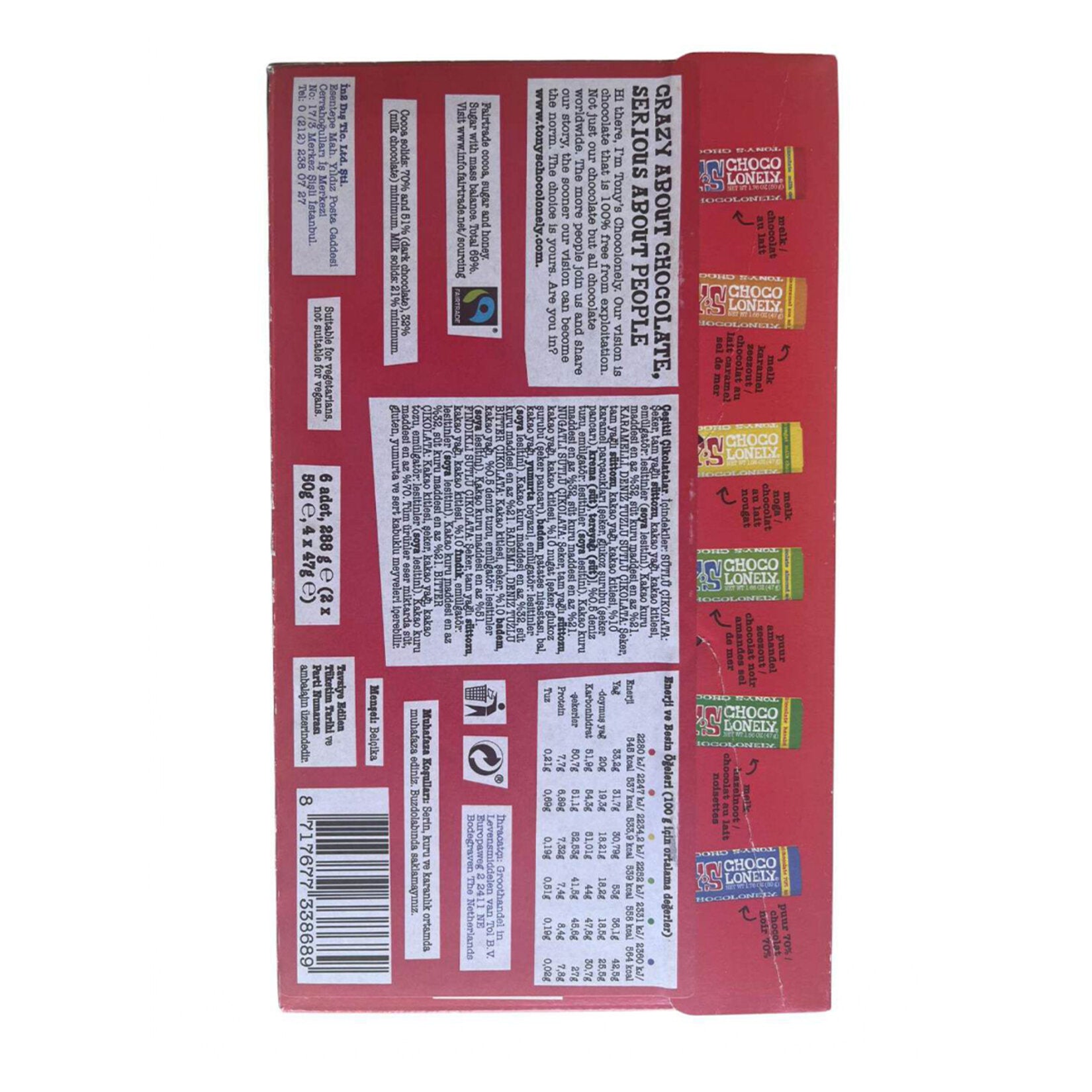 Discover a rich and flavorful variety of Tony's Chocolonely Assorted Chocolate Bars, featuring six delicious mini bars in milk, dark, caramel sea salt, nougat, almond sea salt, and hazelnut flavors.