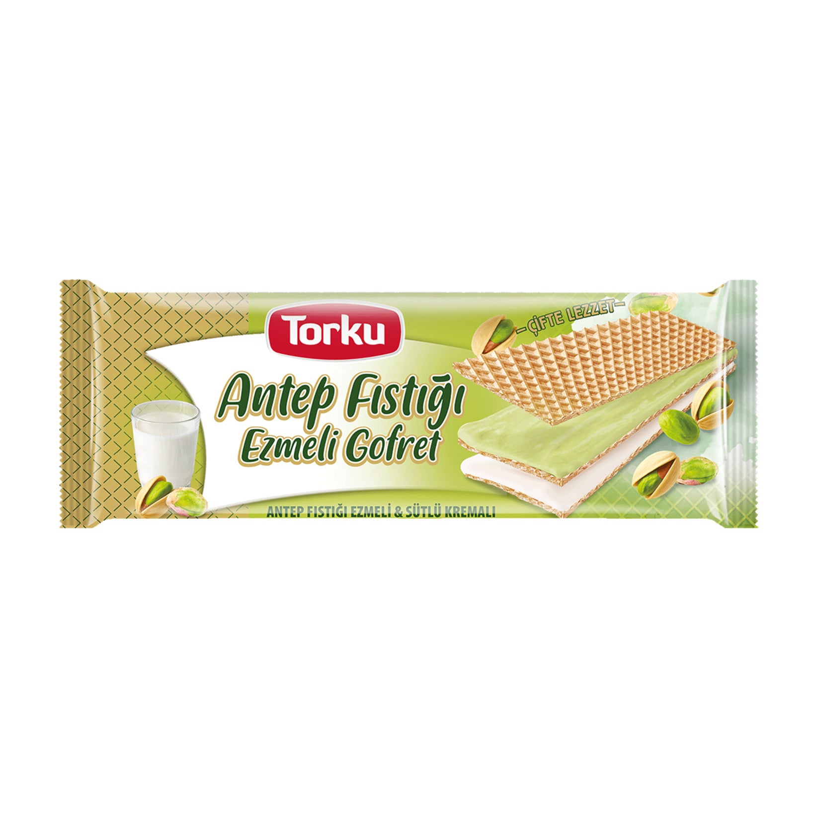 Torku Pistachio Paste Milk Cream Wafer brings together crispy wafer layers with two rich creams: smooth milk cream and a flavorful pistachio paste filling.