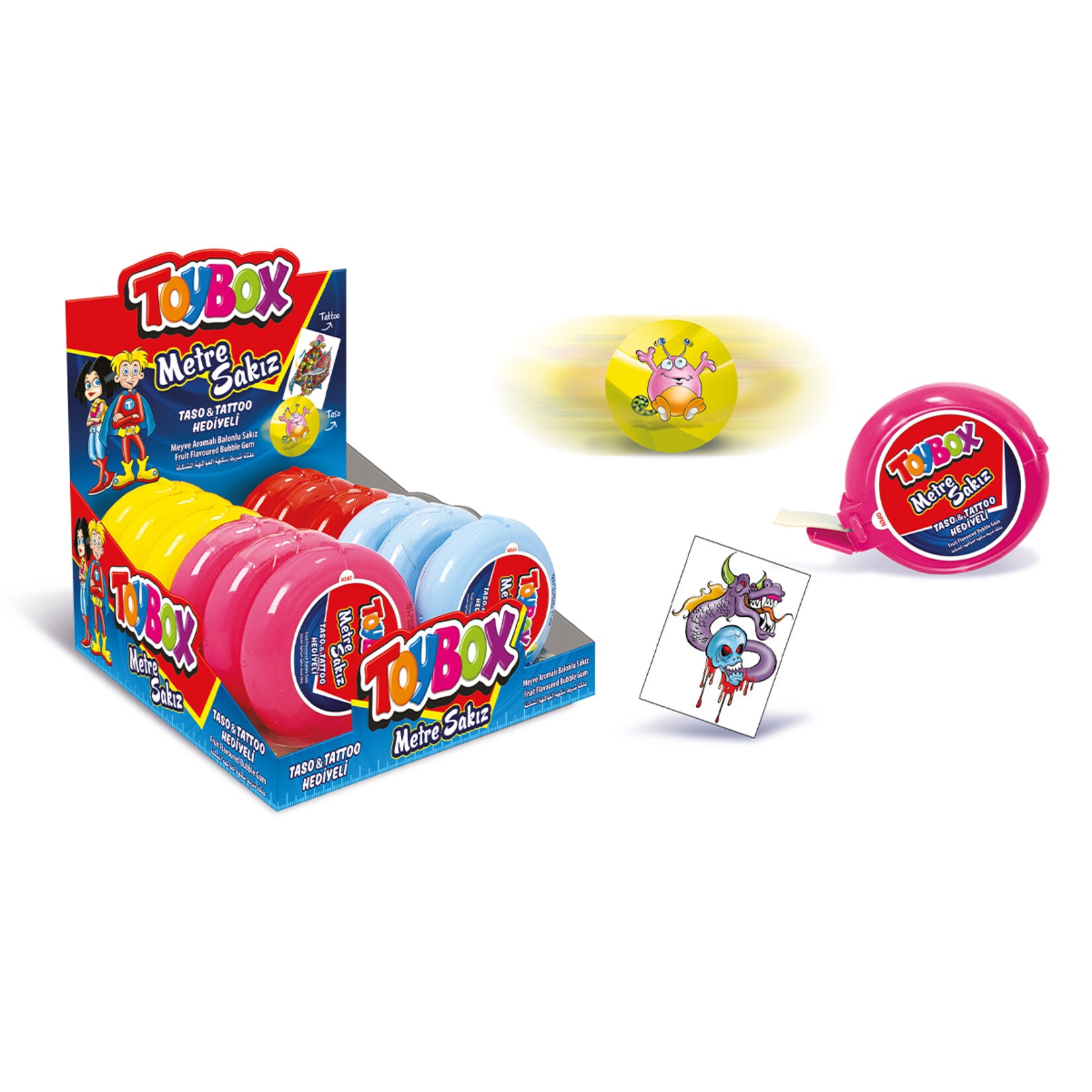 Toybox Fruit Flavored Balloon Meter Gum brings playful fun and long-lasting flavor together in one colorful roll.