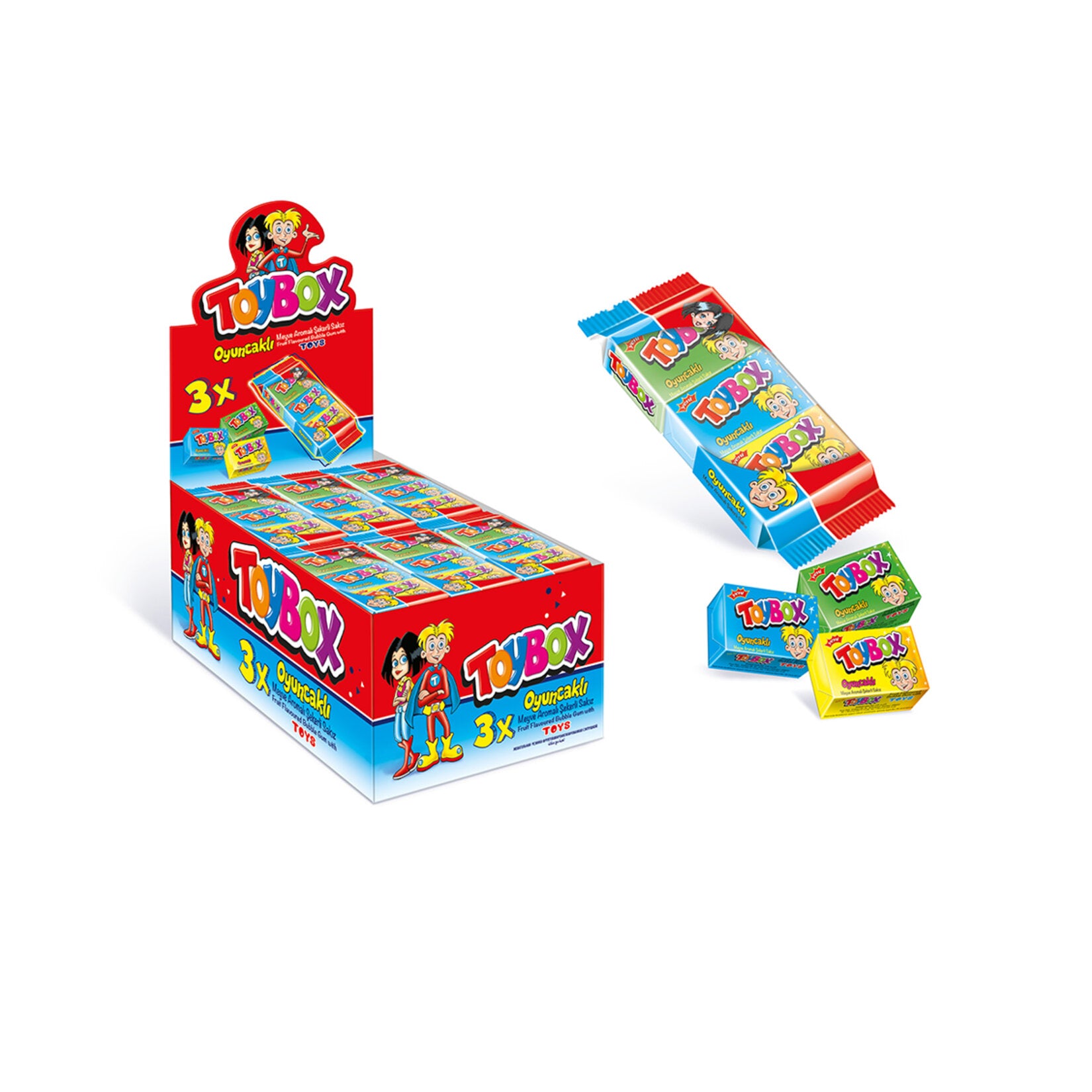 Toybox Toy Gum 3 Pack combines fruity chewing gum fun with a small surprise toy in every pack.