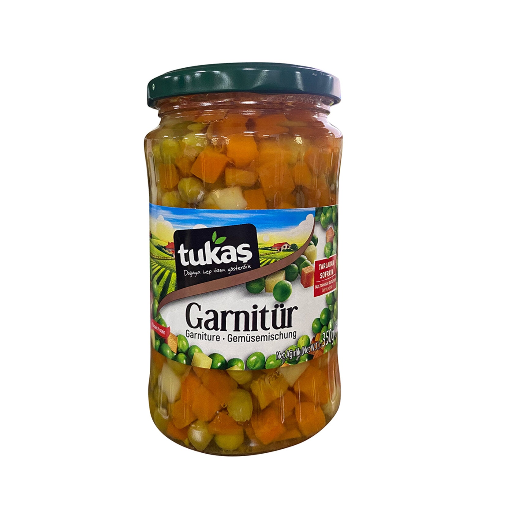 Tukaş Garnitür Konservesi is a ready-to-use mixed vegetable garnish that brings color and flavor to your favorite meals.