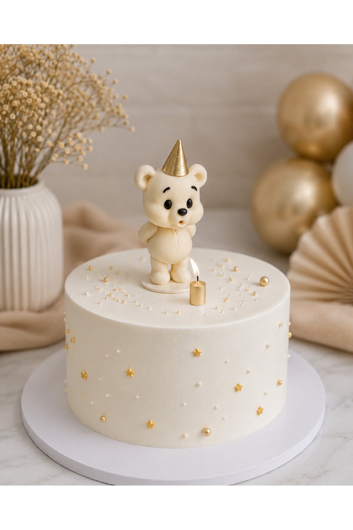 Add a sweet and stylish touch to your celebrations with the Chubby Bear Cake Topper featuring a charming gold party hat.