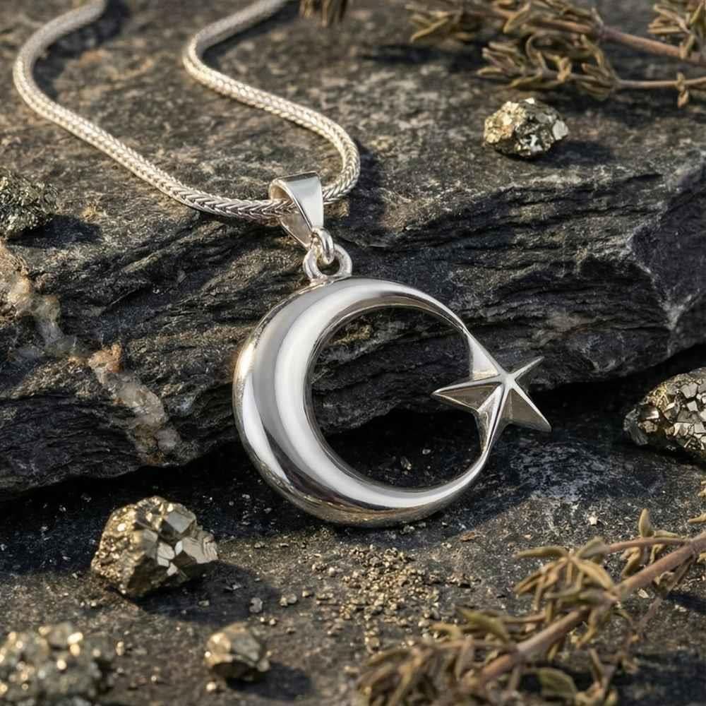 Celebrate heritage and symbolism with this Turkish Sterling Silver Crescent Star Necklace, crafted in a smooth, domed (bombeli) design that gives the iconic crescent and star motif a bold yet refined presence.
