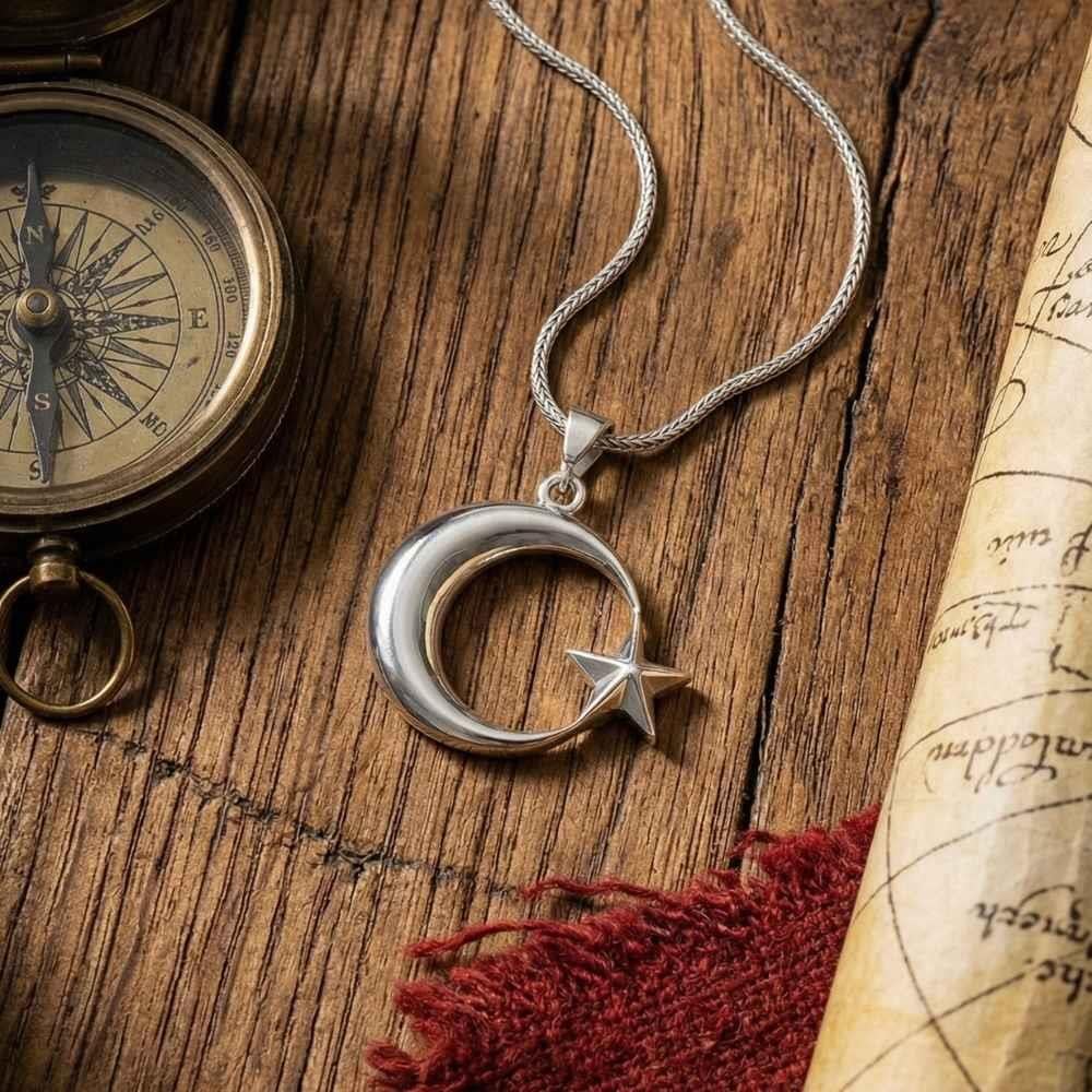 Celebrate heritage and symbolism with this Turkish Sterling Silver Crescent Star Necklace, crafted in a smooth, domed (bombeli) design that gives the iconic crescent and star motif a bold yet refined presence.