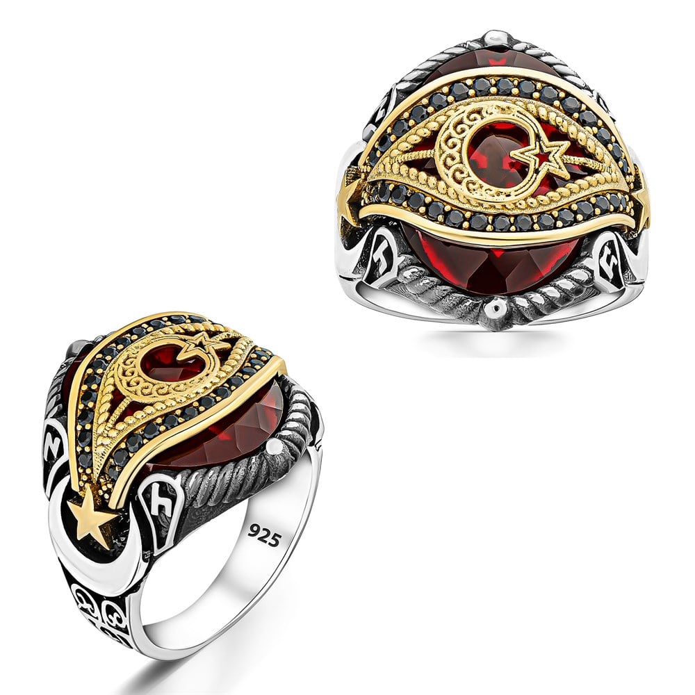 Make a bold statement with this Turkish Sterling Silver Mens Ring with Red Zircon, designed around the powerful crescent and star motif.