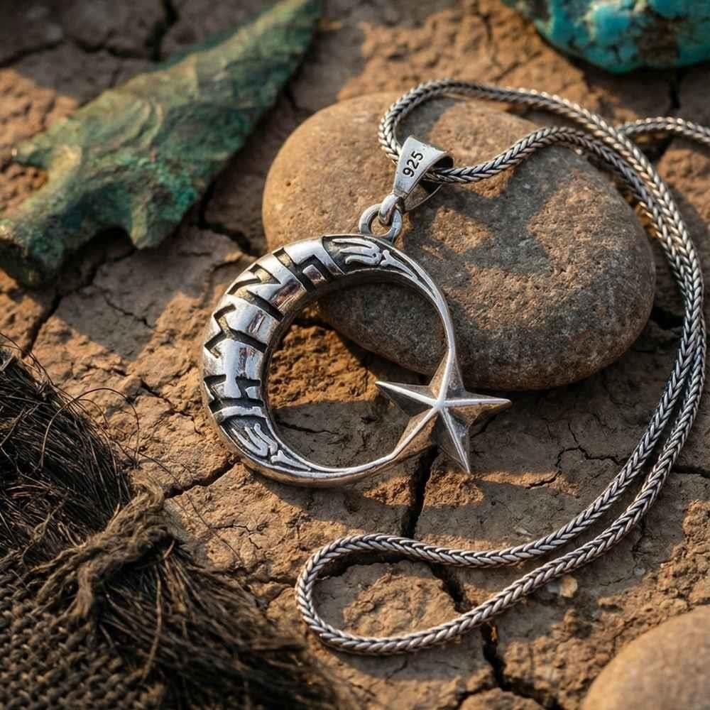 Celebrate heritage and symbolism with this Turkish Sterling Silver Moon Star Necklace with Gokturk Script.