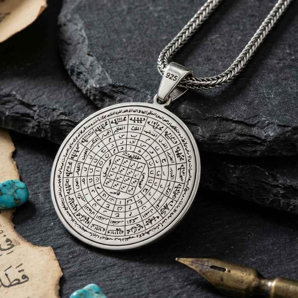 Rooted in centuries of spiritual artistry, this Turkish Sterling Silver Necklace with Cennetul Esma Engraving features a beautifully detailed sacred inscription inspired by the Cennetul Esma prayer.