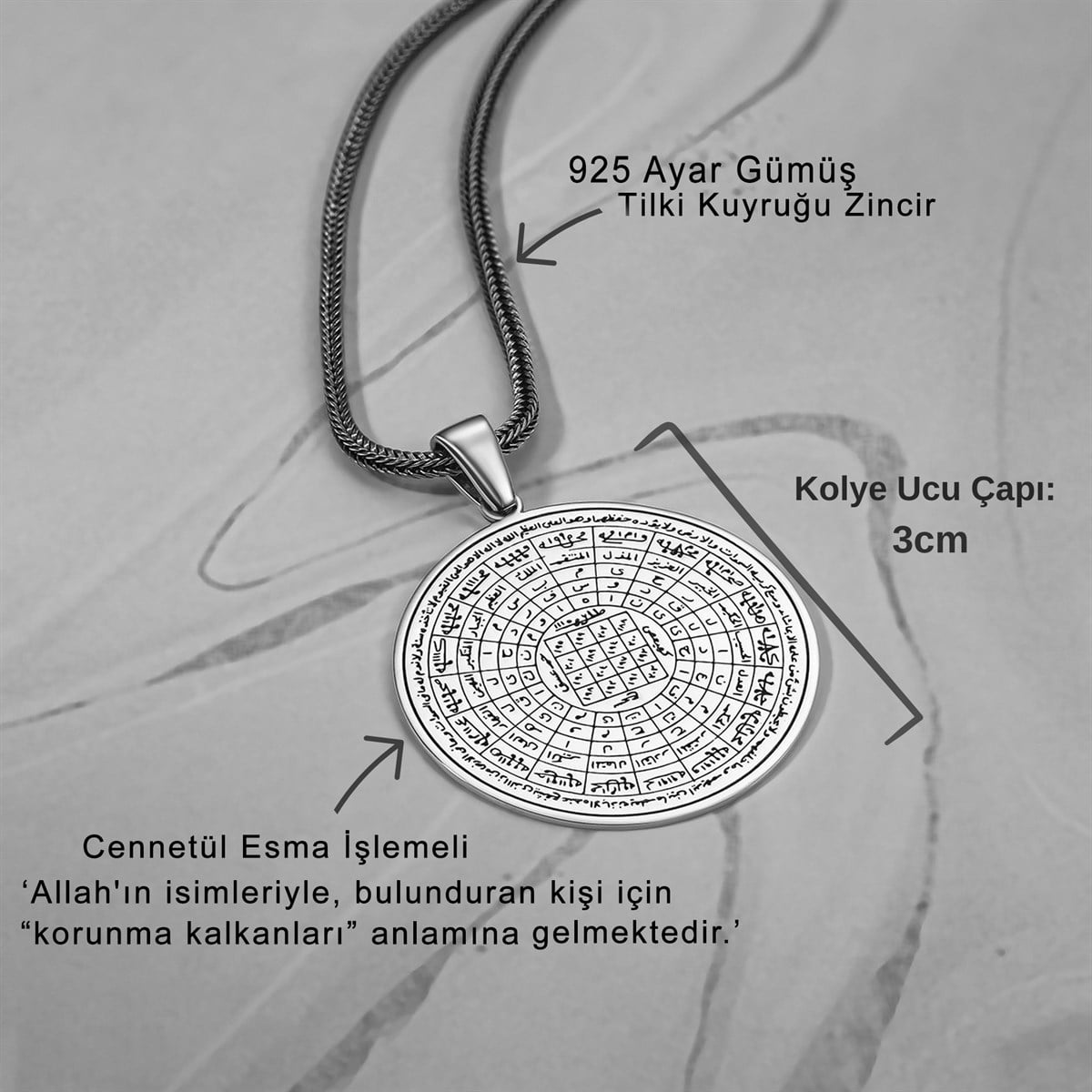 Rooted in centuries of spiritual artistry, this Turkish Sterling Silver Necklace with Cennetul Esma Engraving features a beautifully detailed sacred inscription inspired by the Cennetul Esma prayer.