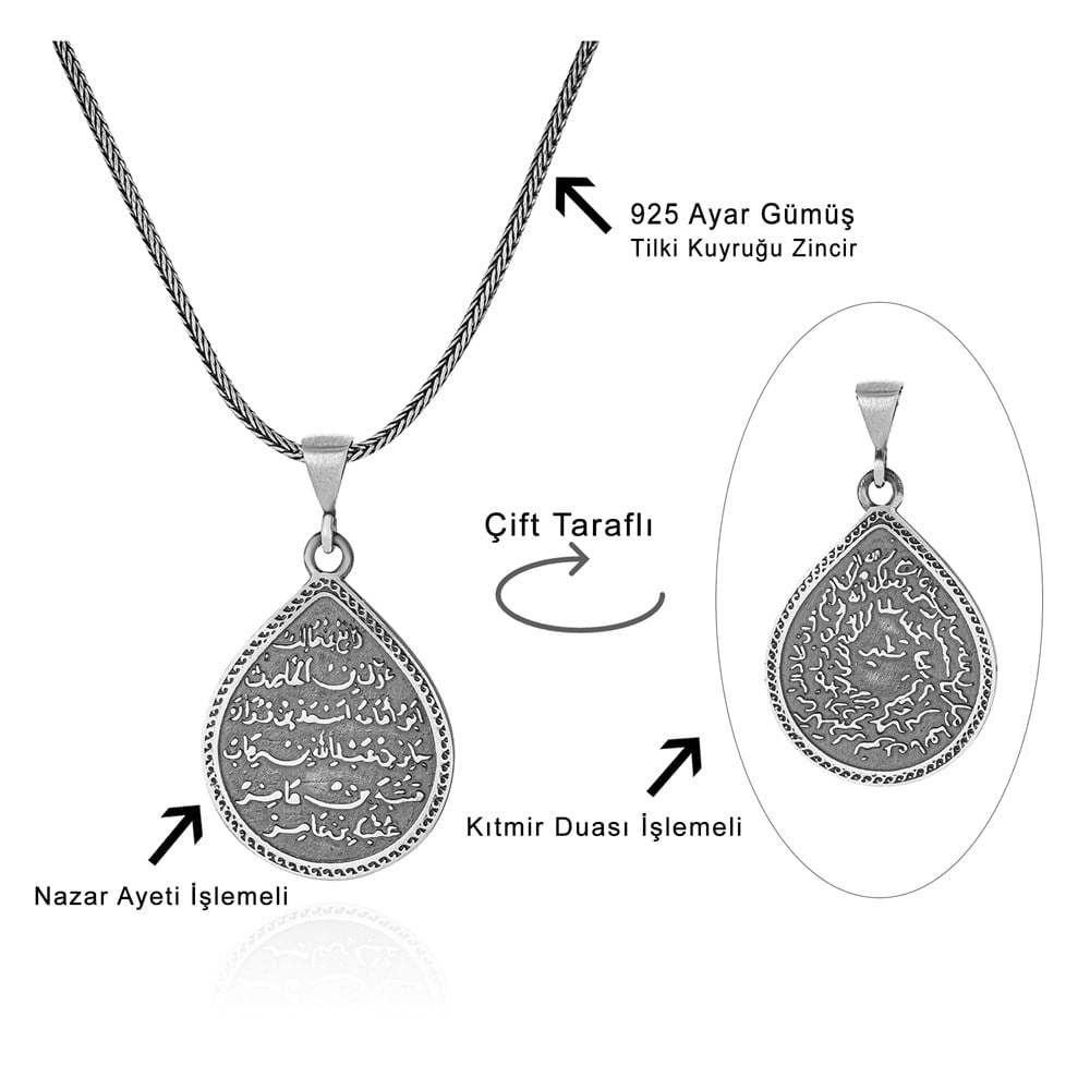 Rooted in centuries of spiritual tradition, this Turkish Sterling Silver Necklace with Kitmir Prayer features a meaningful drop motif engraved with the revered Kitmir prayer.