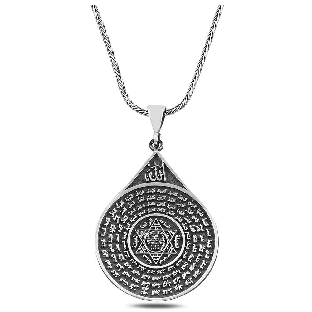 Rooted in centuries of Islamic art and symbolism, this Turkish Sterling Silver Necklace with Seal of Solomon features the revered Seal of Prophet Suleiman motif intricately engraved with references to the Asma ul Husna (the Beautiful Names of Allah).