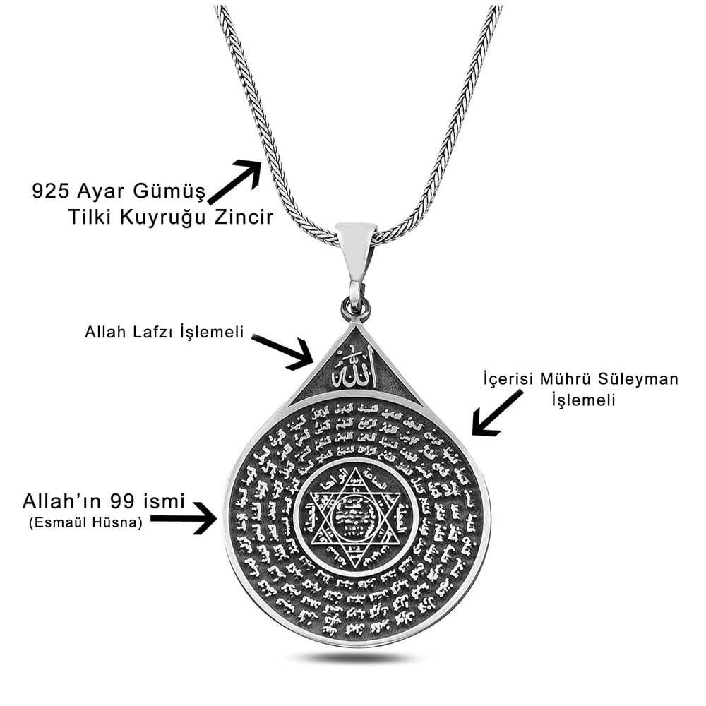Rooted in centuries of Islamic art and symbolism, this Turkish Sterling Silver Necklace with Seal of Solomon features the revered Seal of Prophet Suleiman motif intricately engraved with references to the Asma ul Husna (the Beautiful Names of Allah).