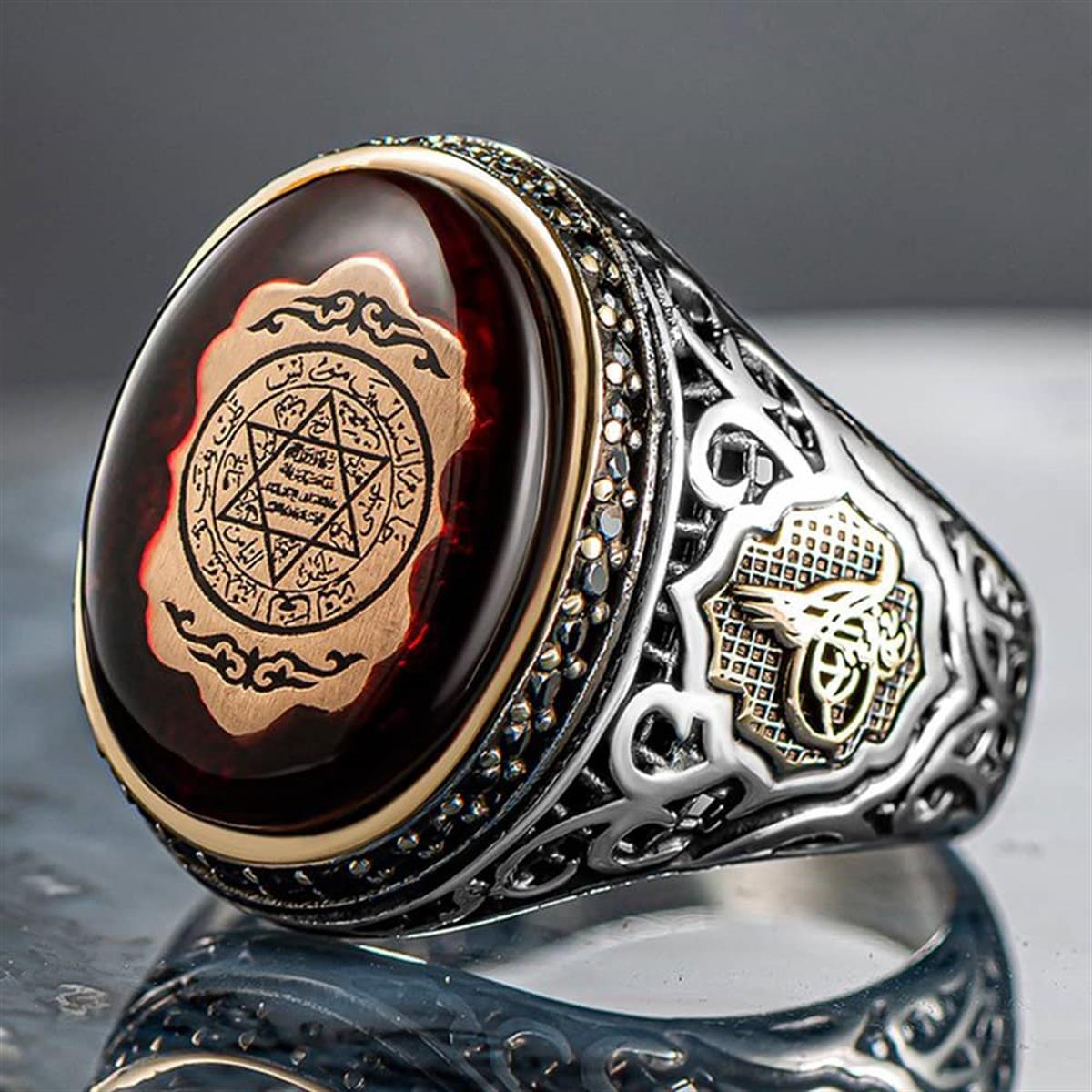 Make a bold statement with this Turkish Sterling Silver Ring with Amber and Suleiman Seal, a powerful design that blends history, symbolism, and master craftsmanship.