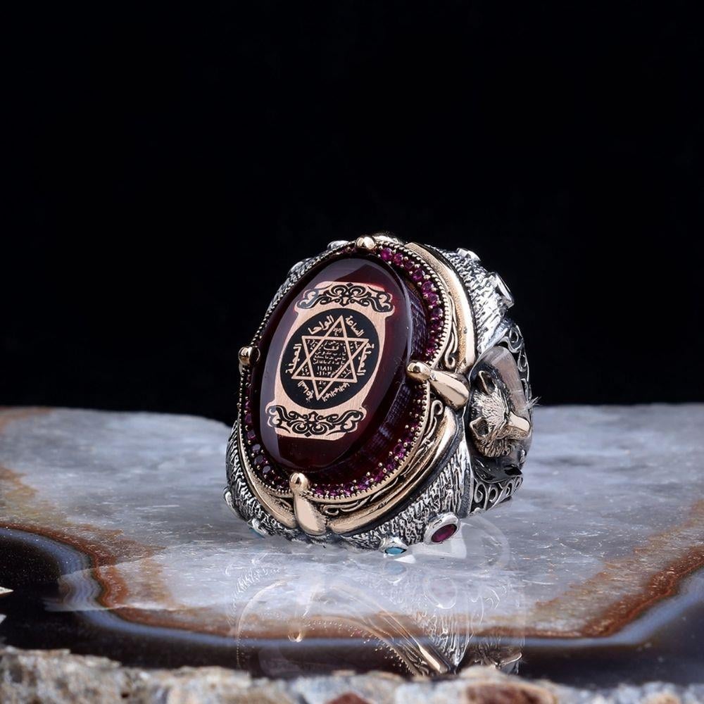 Turkish Sterling Silver Ring with Amber and Wolf Motif is a bold statement piece inspired by powerful Anatolian symbolism.