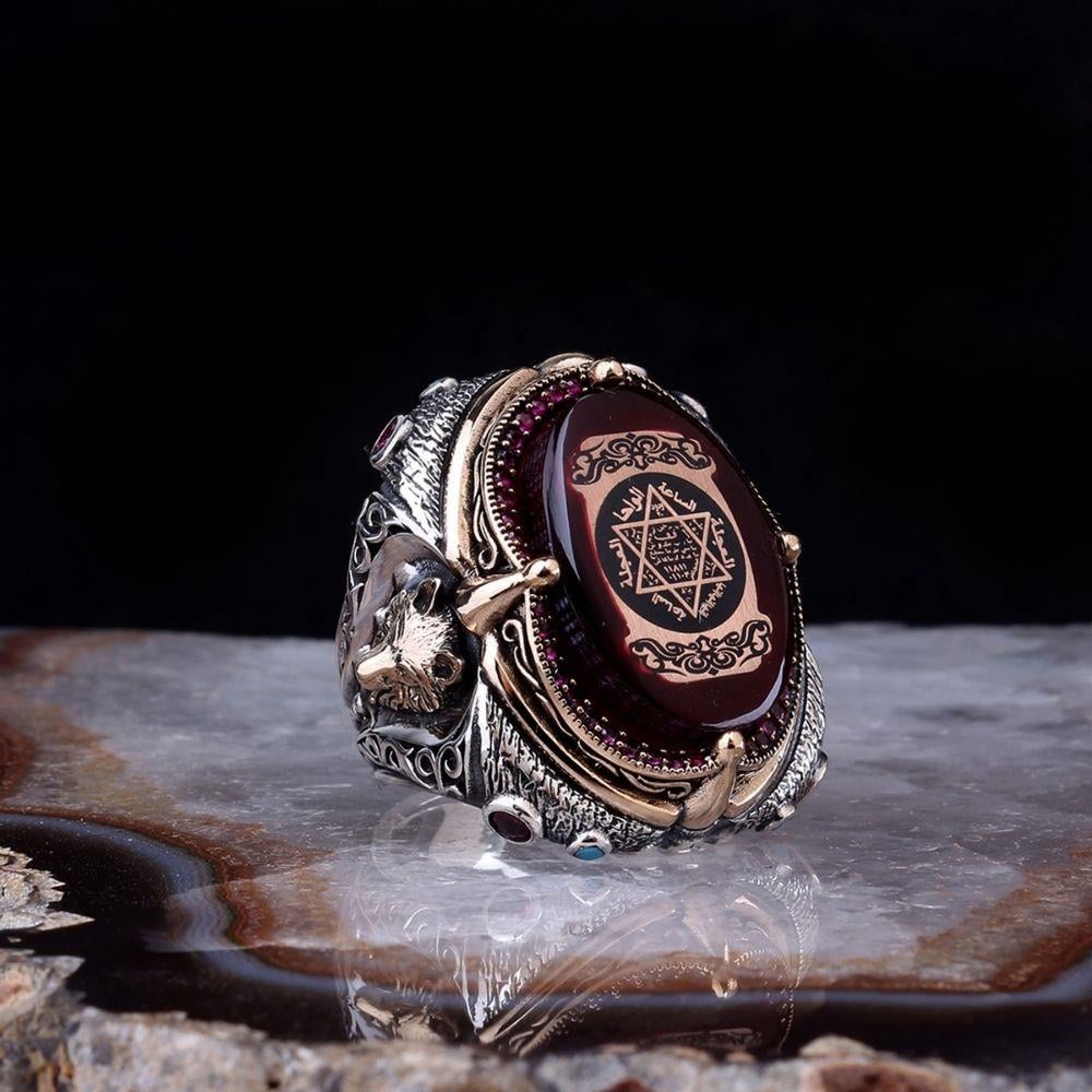 Turkish Sterling Silver Ring with Amber and Wolf Motif is a bold statement piece inspired by powerful Anatolian symbolism.