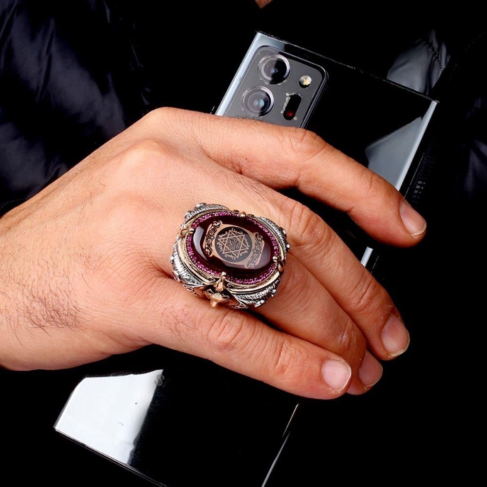 Turkish Sterling Silver Ring with Amber and Wolf Motif is a bold statement piece inspired by powerful Anatolian symbolism.