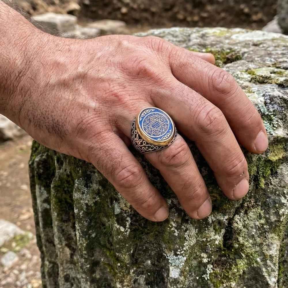 Turkish Sterling Silver Ring with Blue Enamel Seal of Solomon is a powerful expression of faith, heritage, and master craftsmanship.