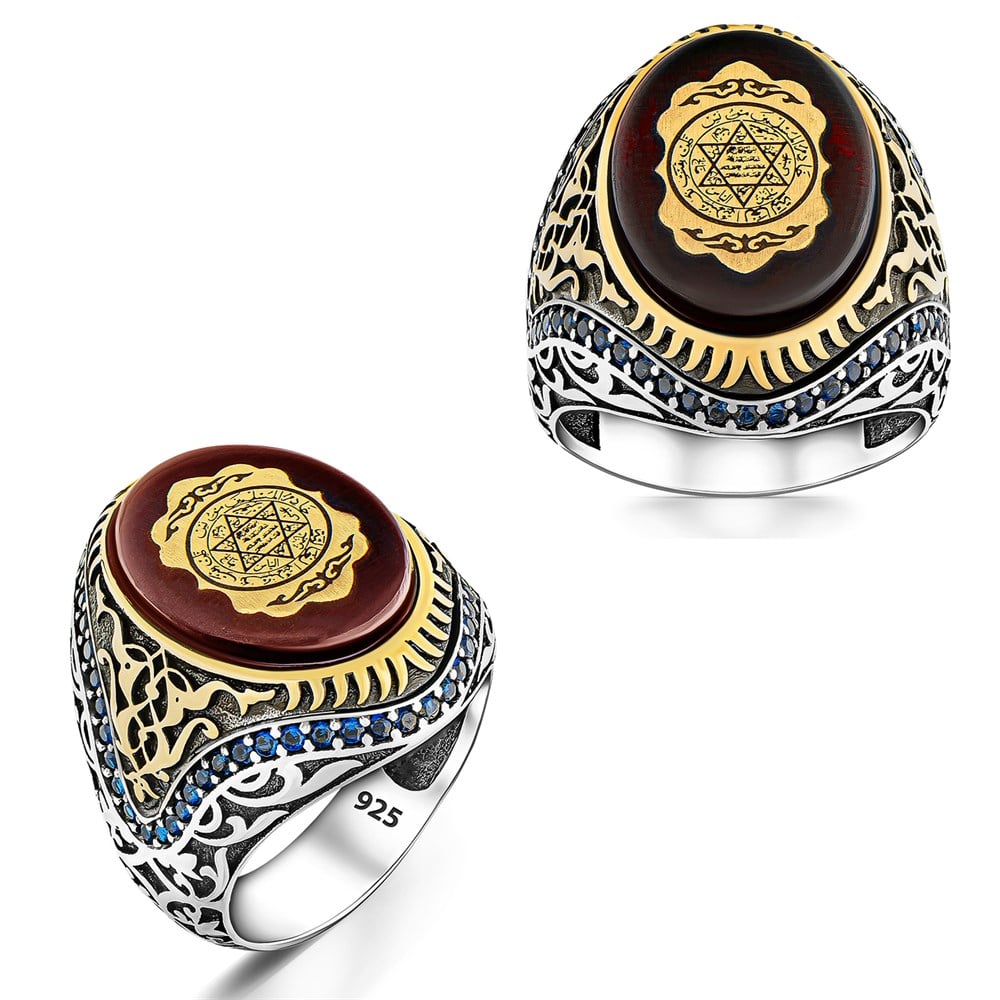 Turkish Sterling Silver Ring with Red Amber featuring the historic Seal of Solomon motif is a bold statement piece rooted in centuries of Anatolian and Ottoman symbolism.