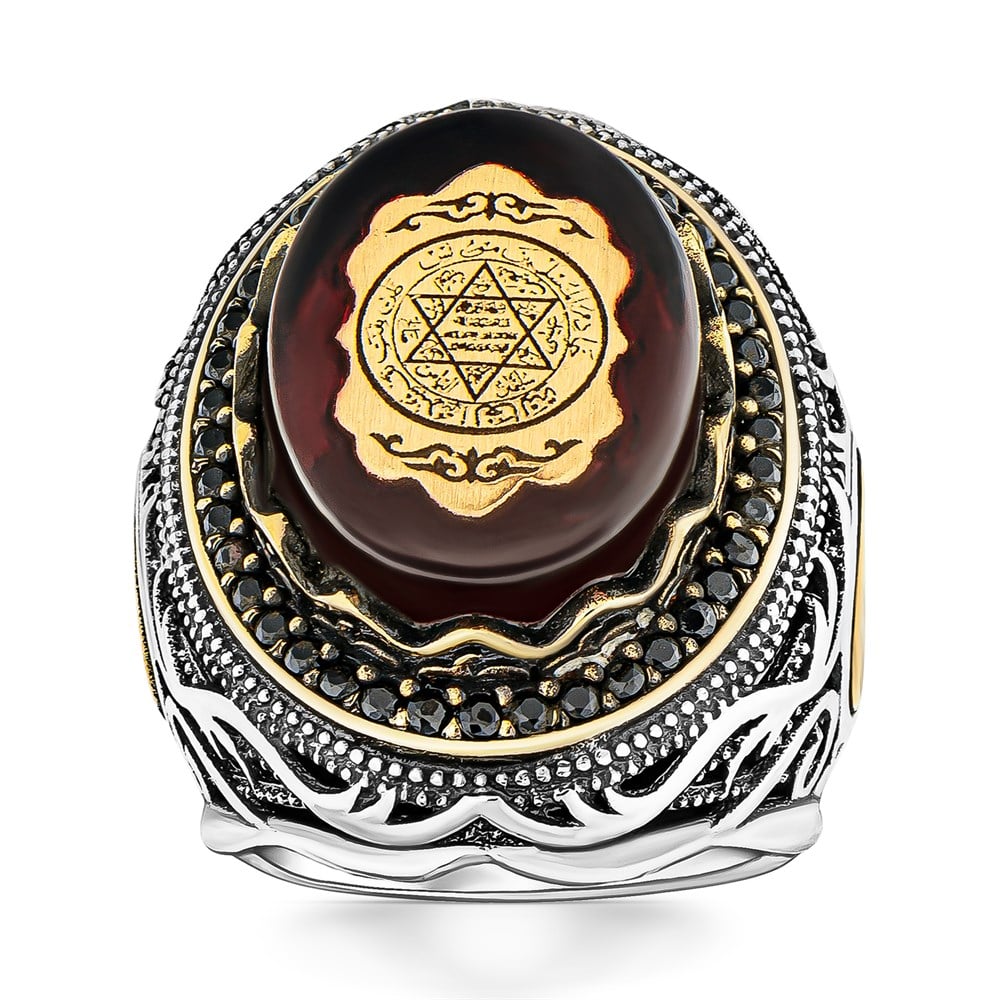 Turkish Sterling Silver Ring with Red Amber featuring the revered Seal of Solomon (Muhur of Suleiman) is a bold statement of heritage, symbolism, and craftsmanship.