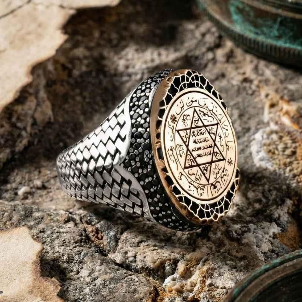 Rooted in centuries of Anatolian symbolism, this Turkish Sterling Silver Ring with Seal of Solomon Motif features the powerful and historic Seal of Solomon intricately engraved across its bold face.