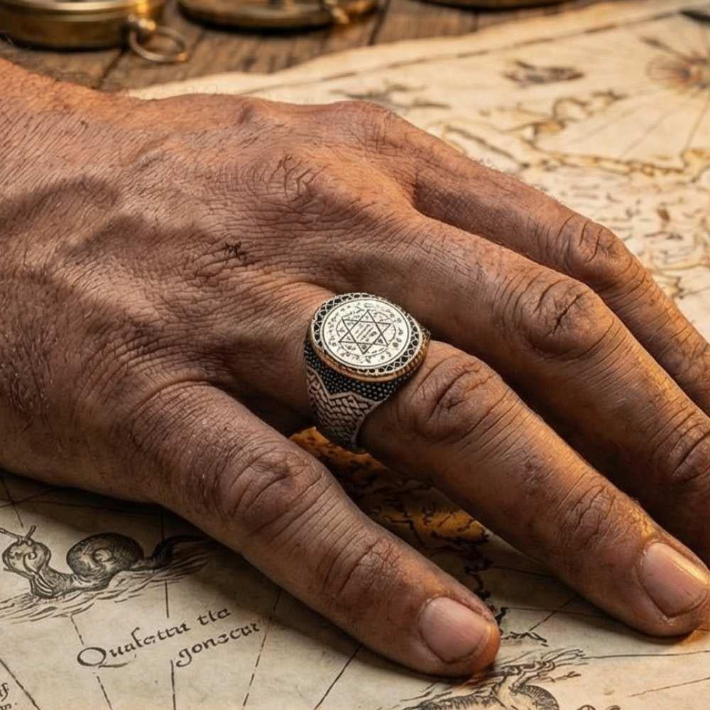 Rooted in centuries of Anatolian symbolism, this Turkish Sterling Silver Ring with Seal of Solomon Motif features the powerful and historic Seal of Solomon intricately engraved across its bold face.