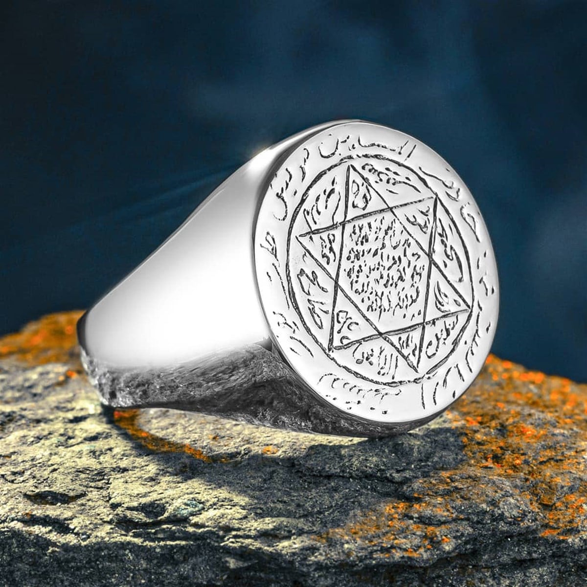 Rooted in centuries of spiritual tradition, this Turkish Sterling Silver Ring with Seal of Solomon features the revered six-pointed star symbol intricately engraved by hand onto a solid silver plate.
