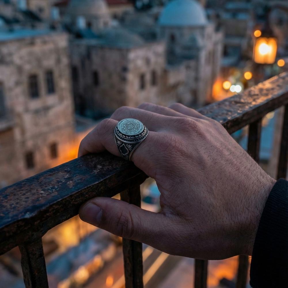 Turkish Sterling Silver Ring with Zircon Suleiman Seal is a powerful statement piece inspired by centuries of Islamic and Ottoman tradition.