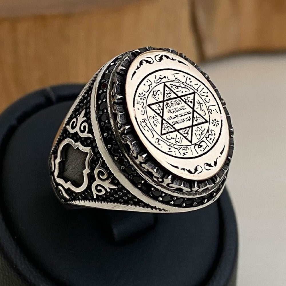 Turkish Sterling Silver Ring with Zircon Suleiman Seal is a powerful statement piece inspired by centuries of Islamic and Ottoman tradition.