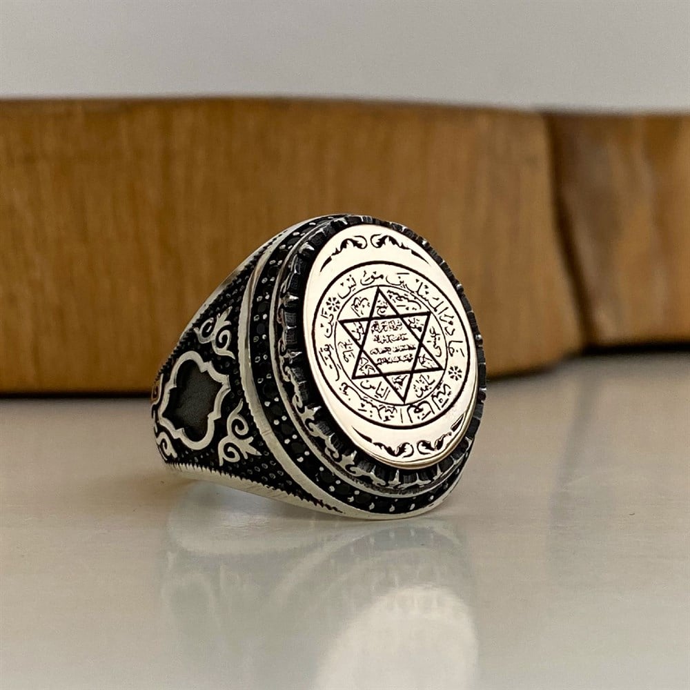 Turkish Sterling Silver Ring with Zircon Suleiman Seal is a powerful statement piece inspired by centuries of Islamic and Ottoman tradition.