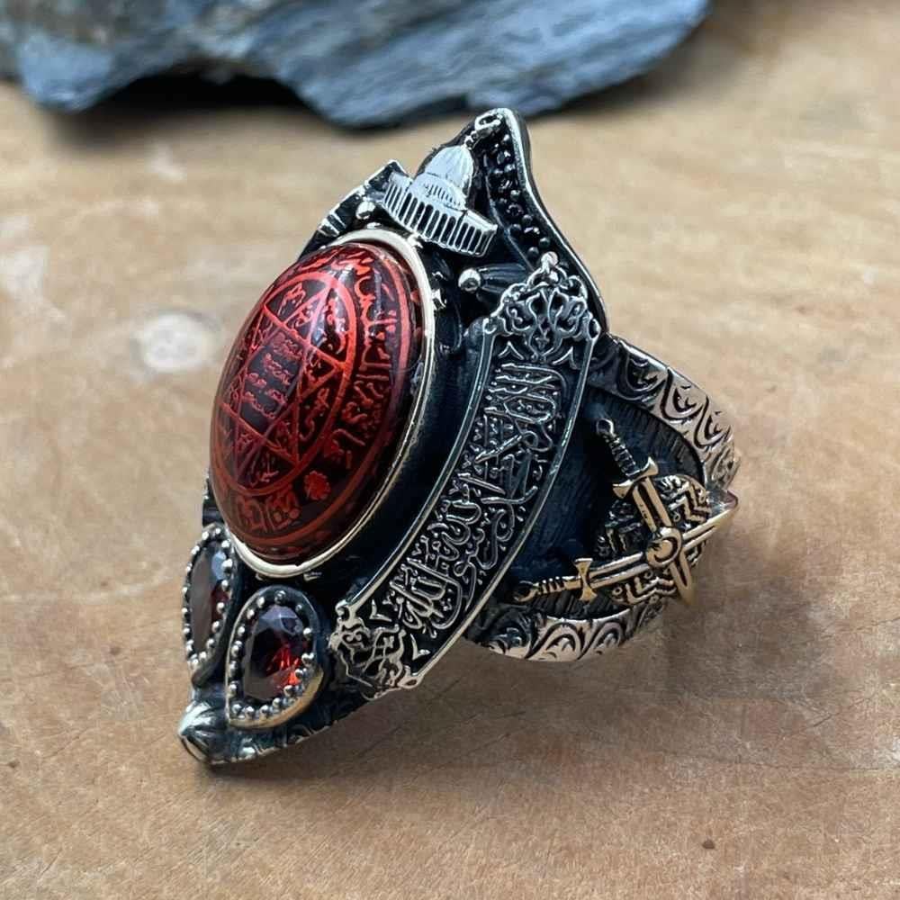 Turkish Sterling Silver Zihgir Ring with Red Amber is a bold statement piece inspired by Ottoman archery heritage and rich Islamic artistry.