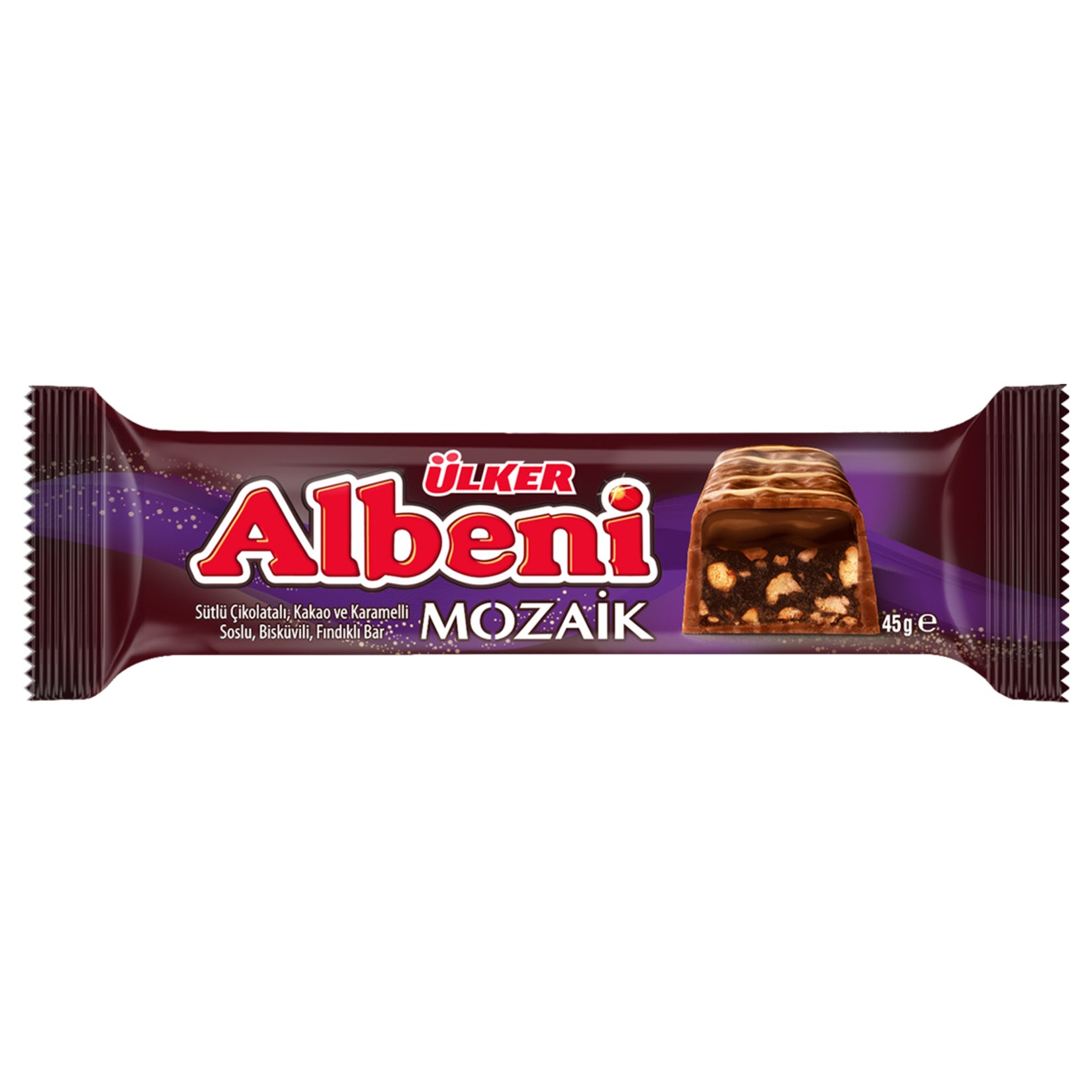 Ulker Albeni Mozaik Bar is a beloved Turkish snack that combines soft caramel, biscuit pieces, and rich milk chocolate coating in one satisfying bite.