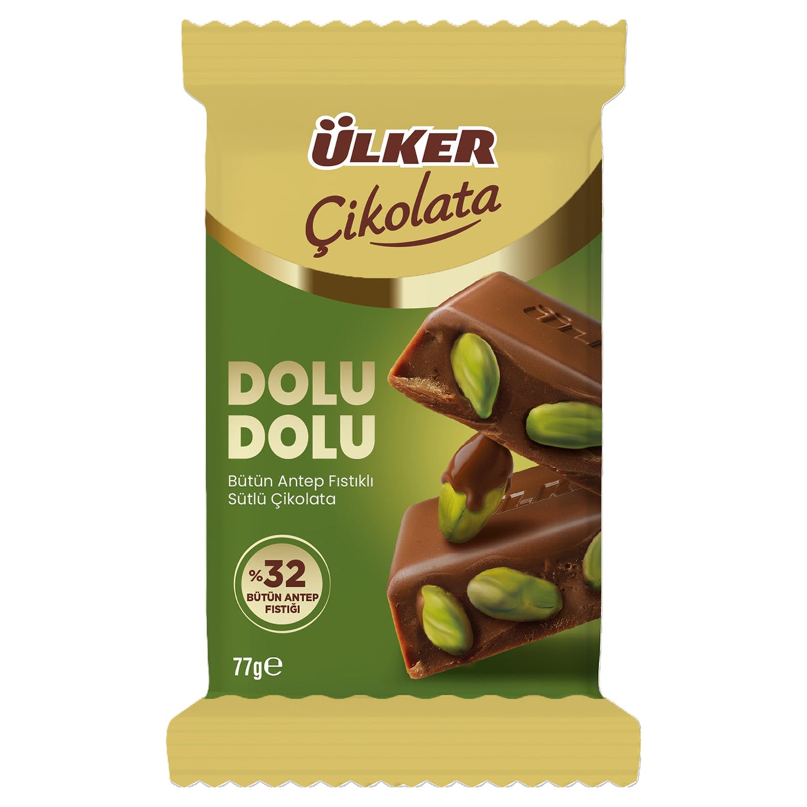 Ulker Cikolata Dolu Dolu Pistachio Milk Chocolate Bar brings the rich, creamy taste of milk chocolate packed with 32% premium Antep pistachios.