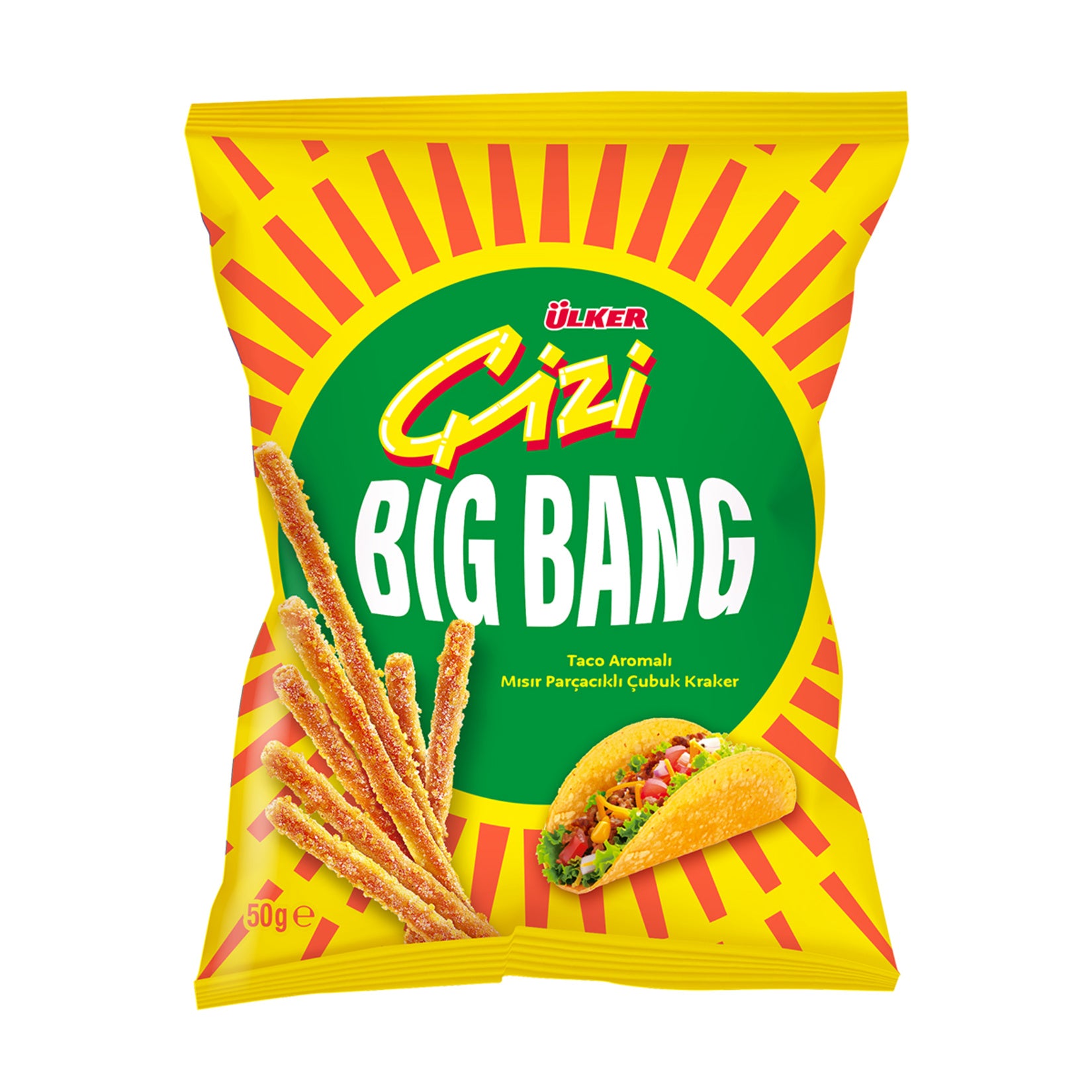 Ulker Cizi Bigbang Corn Pieces Cheese Taco Sticks bring a bold crunch inspired by taco flavors and rich cheese seasoning.