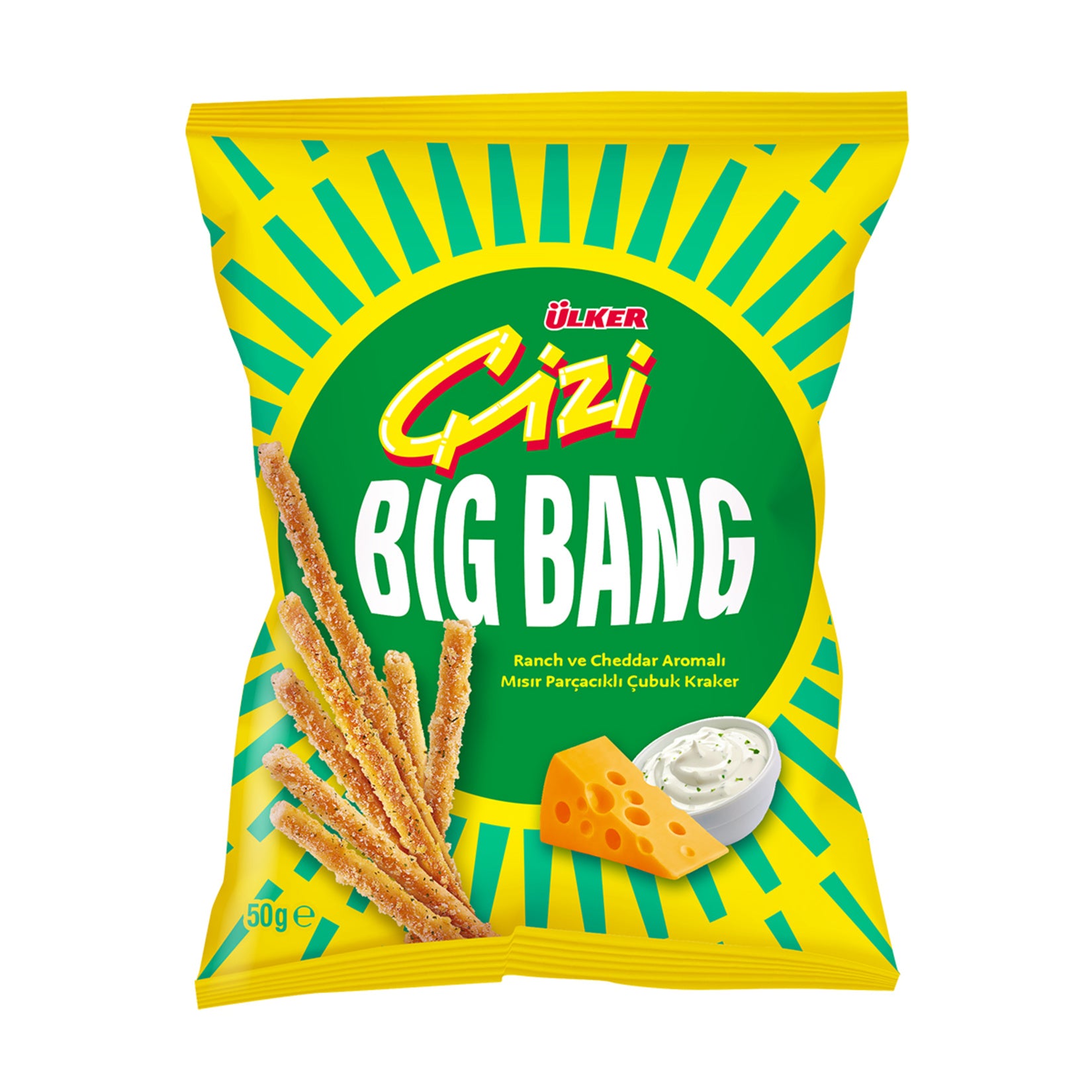 Ulker Cizi Bigbang Corn Pieces Ranch & Cheddar Sticks bring together the bold crunch of corn pieces with the creamy, tangy taste of ranch and cheddar seasoning.