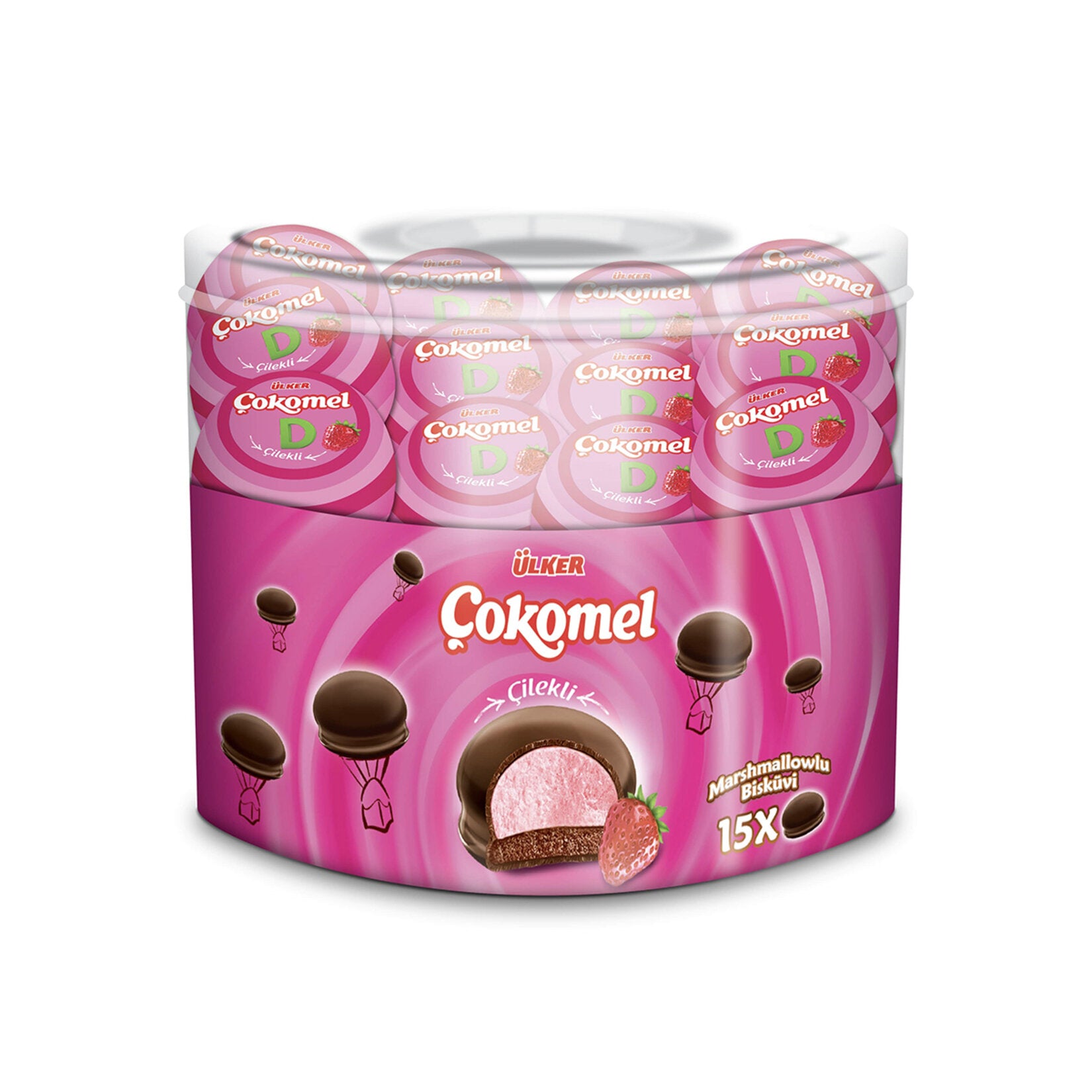 Ulker Cokomel Strawberry Marshmallow brings together a delightful trio of flavors—fluffy marshmallow, rich chocolate coating, and a fruity strawberry center.