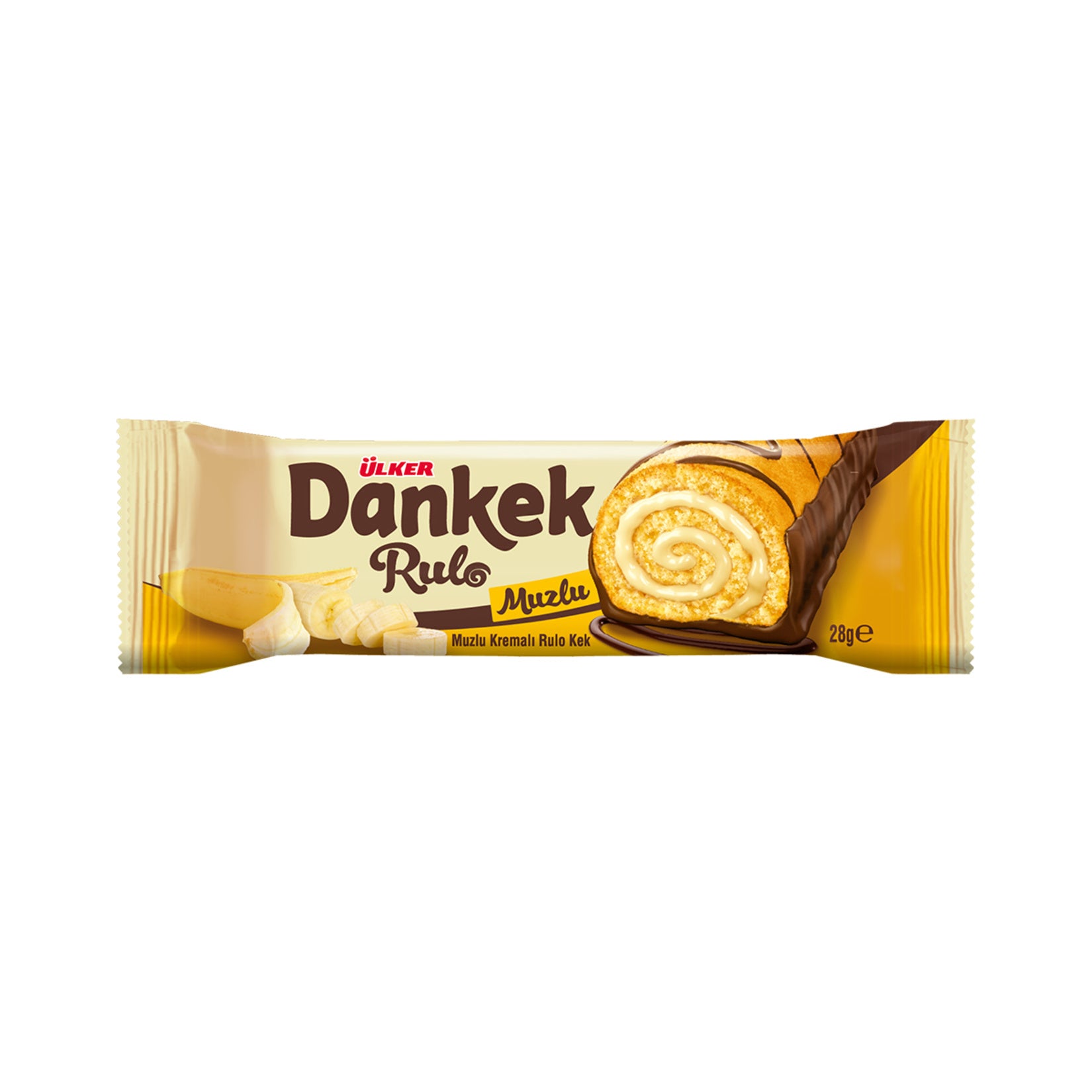 Ulker Dankek Banana Cream Roll Cake is a soft, moist sponge cake filled with a delicious banana-flavored cream.