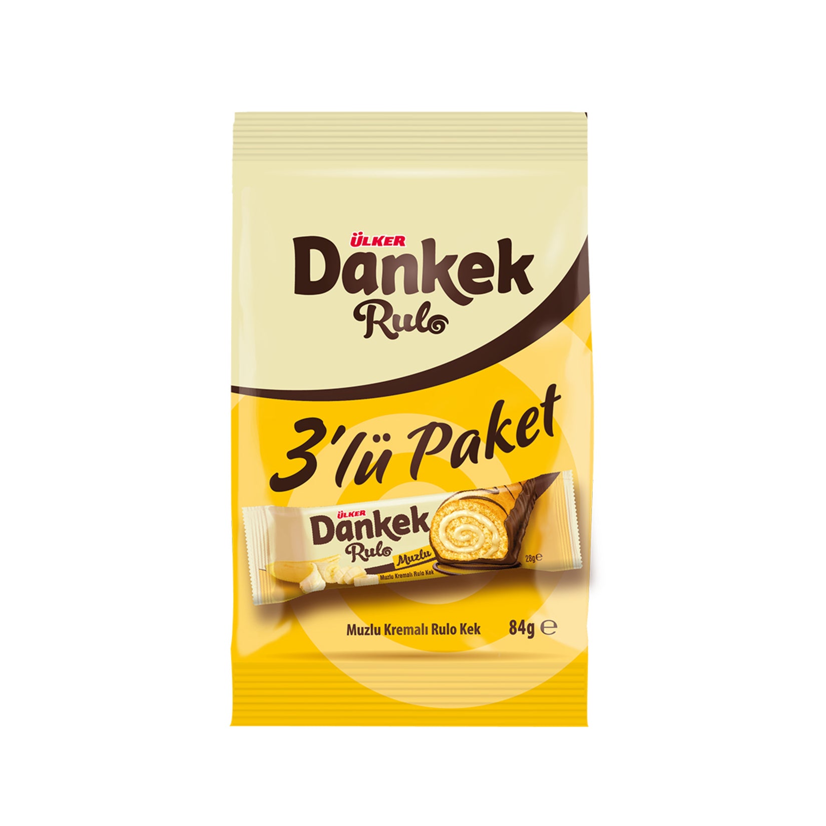 Ulker Dankek Banana Cream Roll Cake is a delightful Turkish treat featuring soft sponge cake rolled with smooth banana-flavored cream.