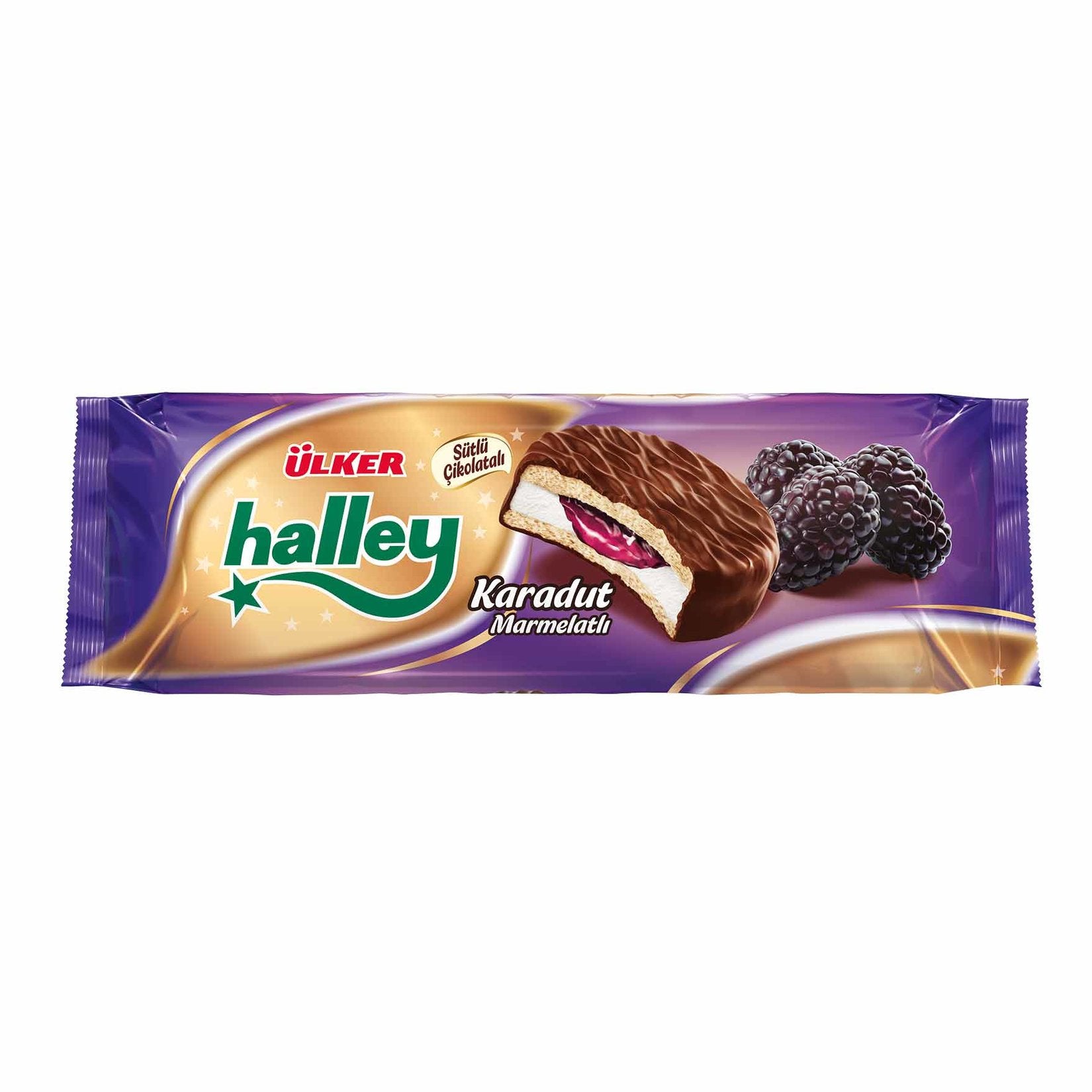 Experience the irresistible fusion of flavors in Ulker Halley Black Mulberry Sandwich Biscuit.