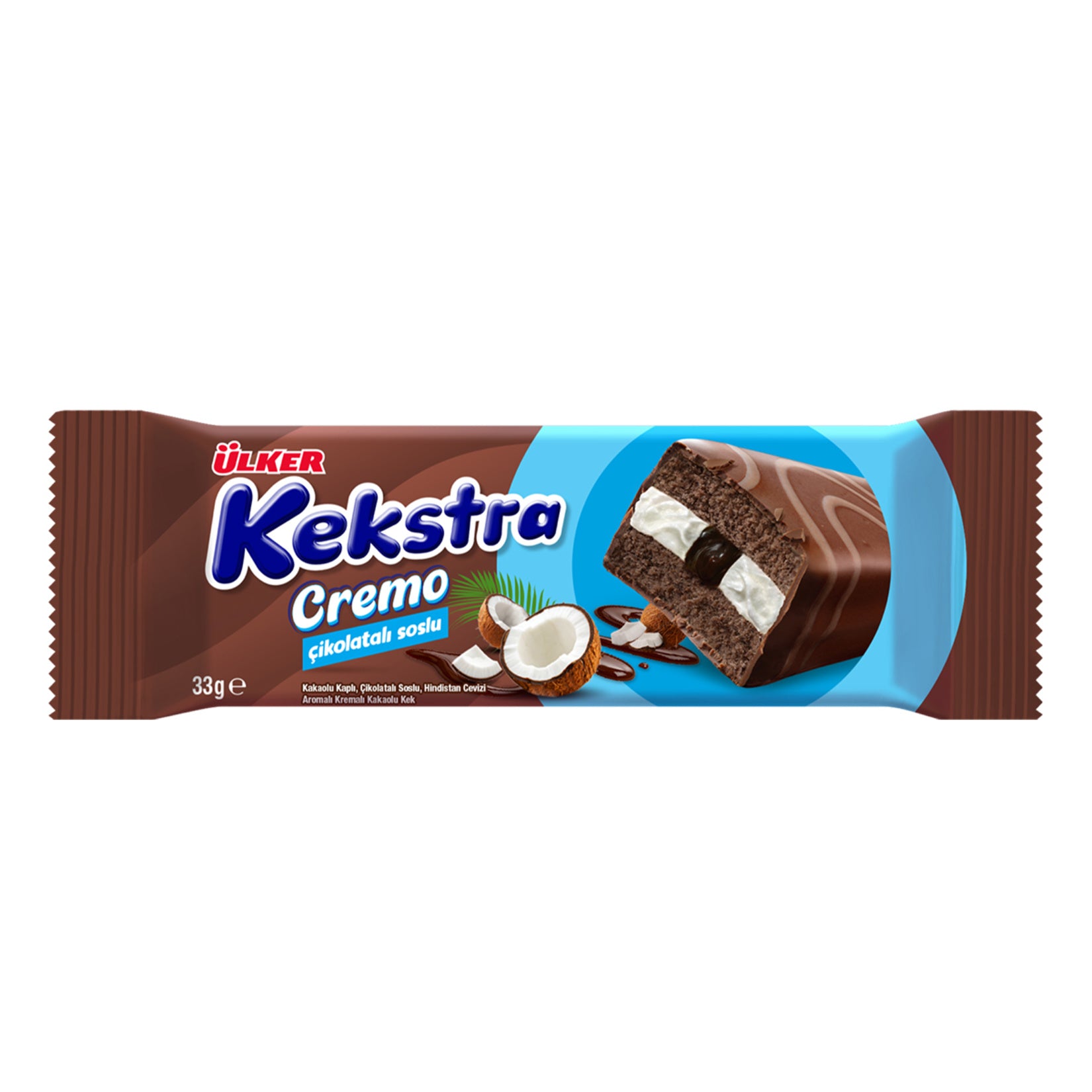 Ulker Kekstra Cremo Coconut Chocolate Sauce Cake is a soft and satisfying mini cake filled with creamy coconut flavor and topped with rich chocolate sauce.