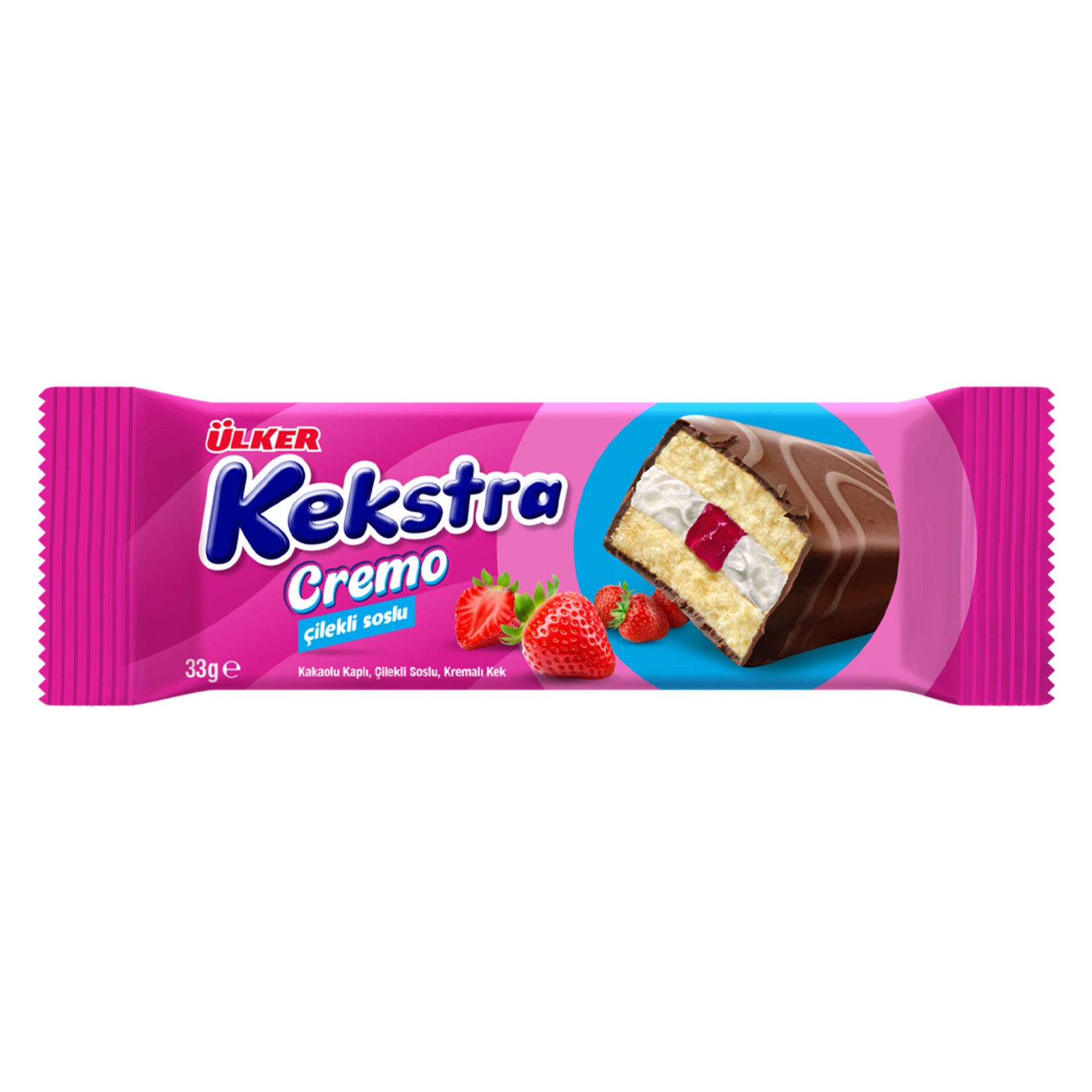 Ulker Kekstra Cremo Strawberry Cake is a soft, individually wrapped mini cake filled with smooth strawberry cream and coated with a light cocoa layer.