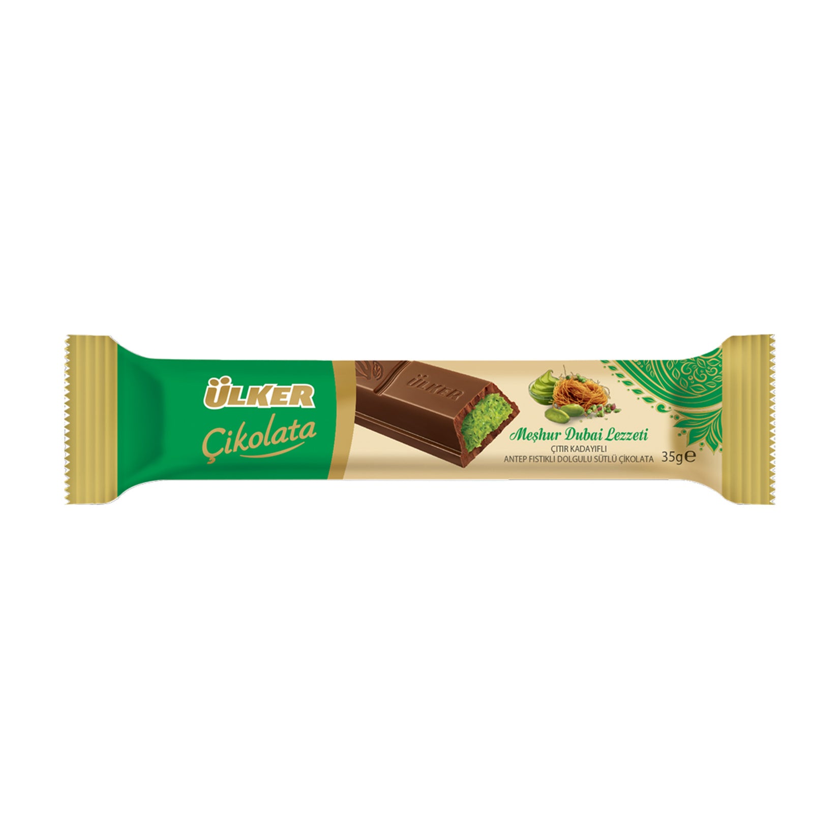 Ulker Milk Chocolate with Crispy Kadaifi and Pistachio front packaging