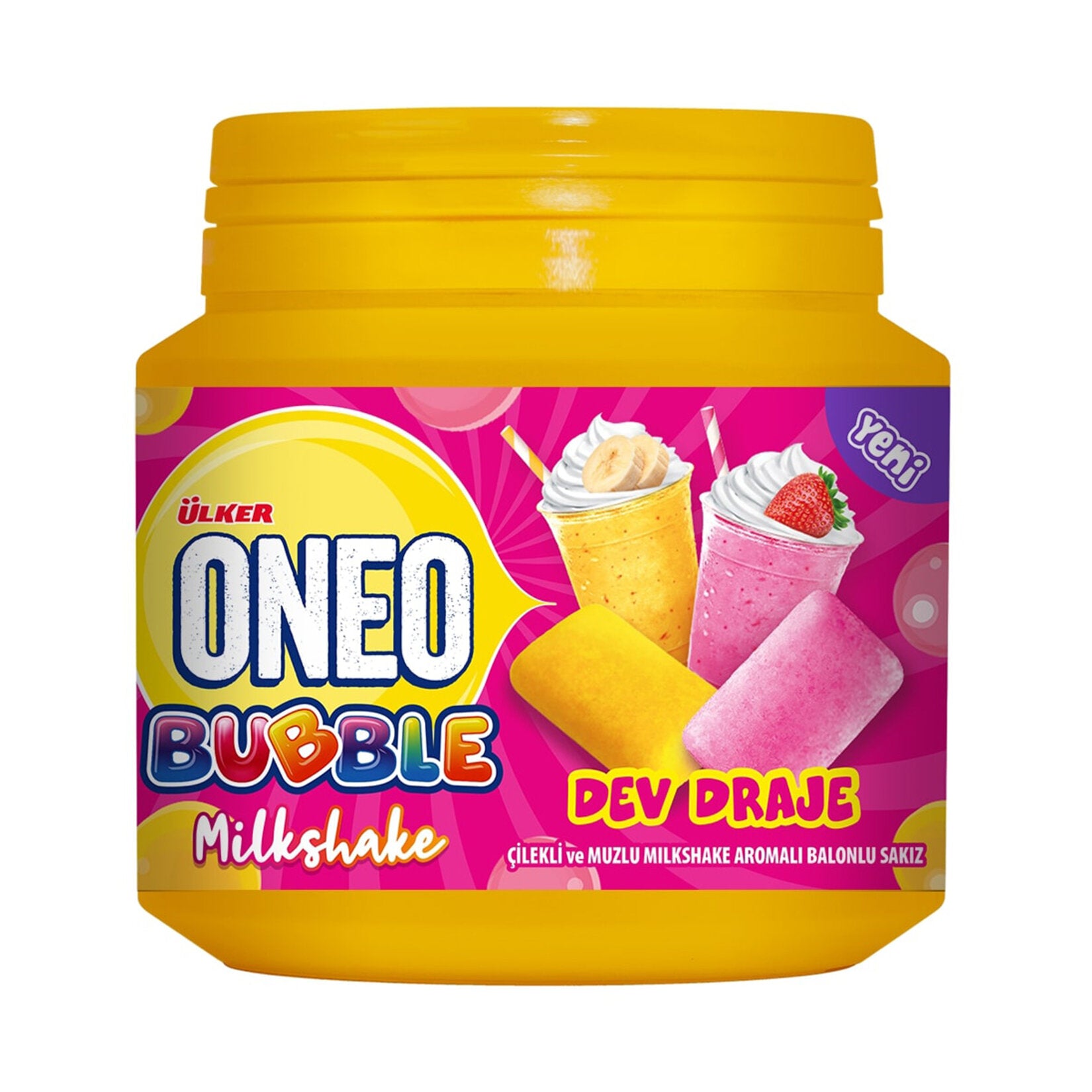 Ulker Oneo Bubble Strawberry & Banana Milkshake Gum brings a fun and flavorful twist to your chewing