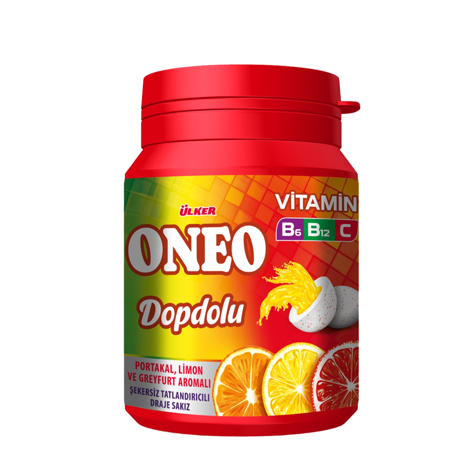 Experience a flavorful burst of fruity freshness with Ulker Oneo Dopdolu Vitamin Dragee Fruit Gum. P