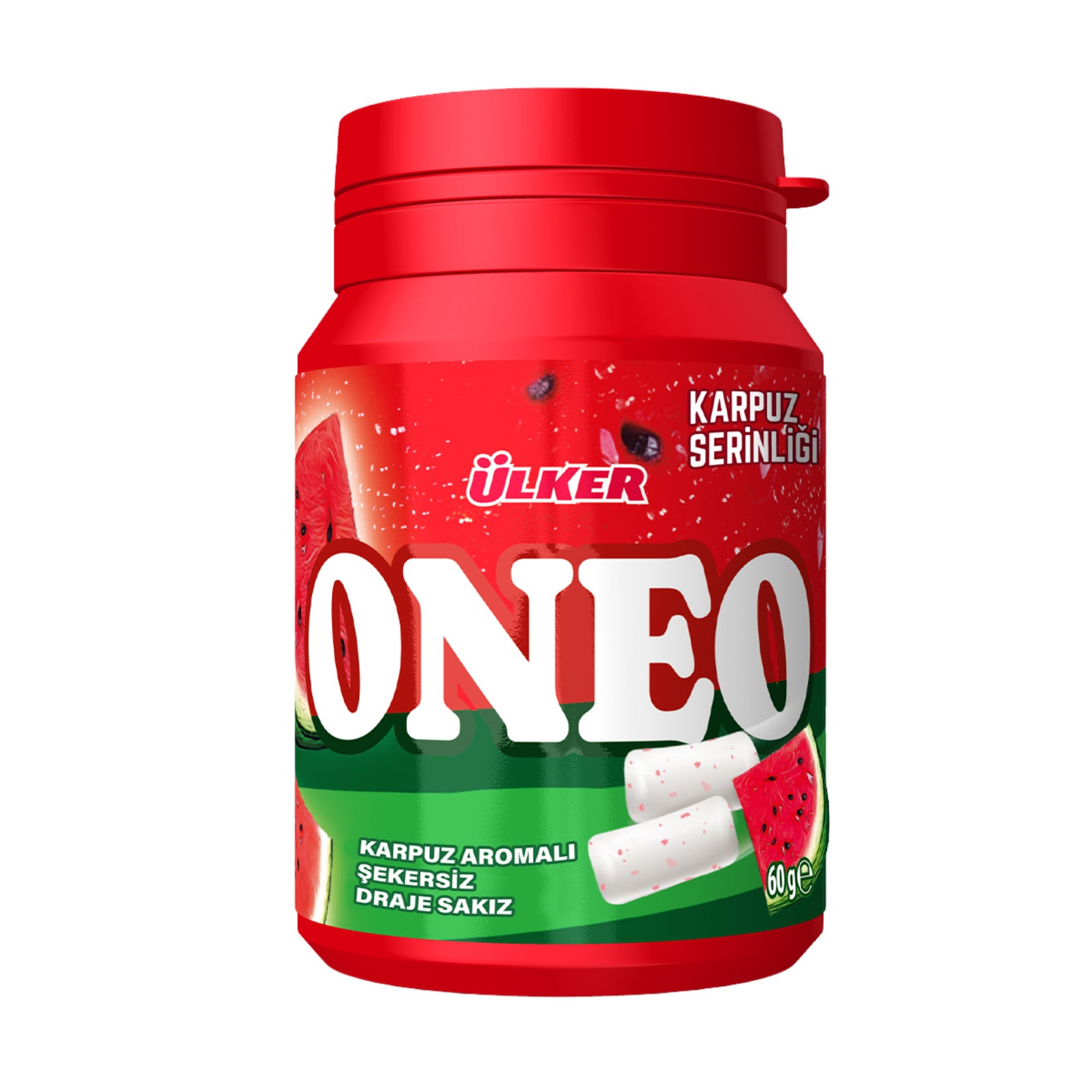 Ulker Oneo Watermelon Bottle Dragee Gum brings a refreshing burst of watermelon flavor in a convenient bottle pack.