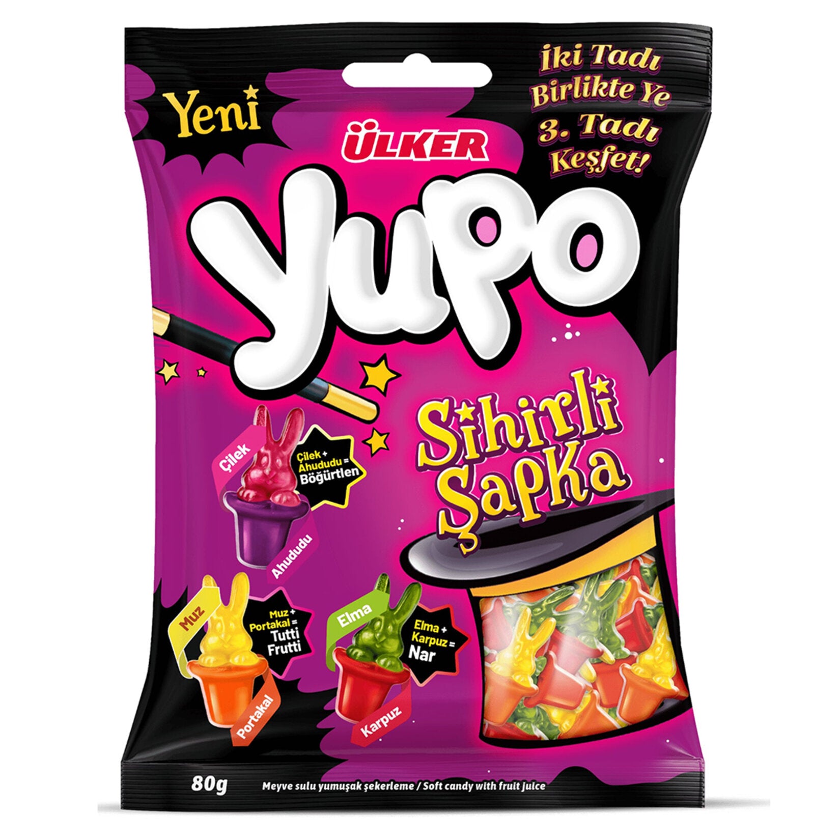 Ulker Yupo Magic Hat Fruit Flavored Soft Candy brings a burst of fruity fun to your snack time.