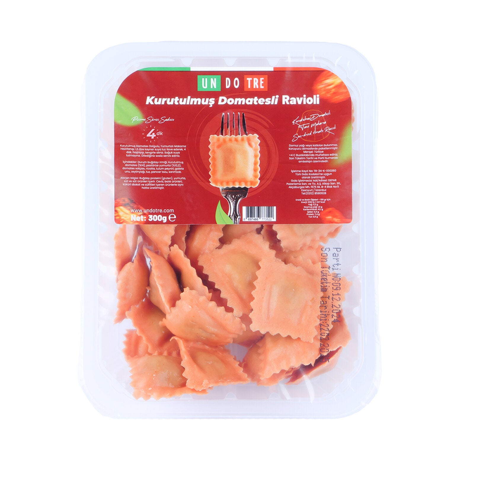 Enjoy the rich flavors of Un Do Tre Kurtulmus Domatesli Ravioli Fresh Pasta, a delicious Turkish-style fresh ravioli made with quality ingredients and a carefully balanced filling.