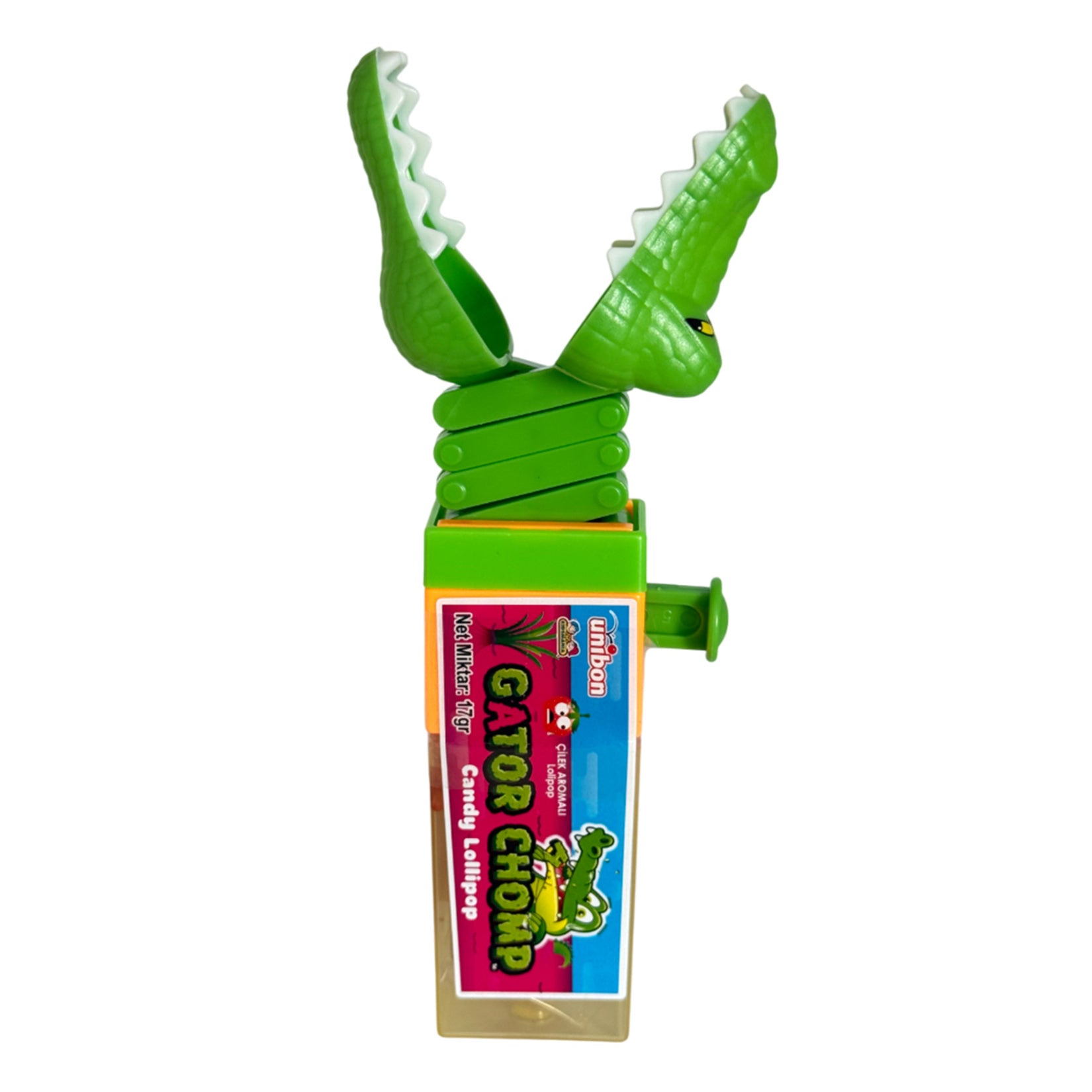 Enjoy a fun and fruity treat with Unibon Gator Chomp Strawberry Lollipop.
