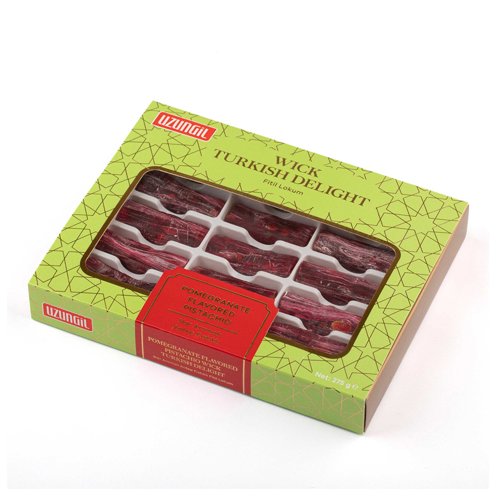 Uzungil Nar Aromali Fitil Lokum brings a vibrant twist to classic Turkish delight with its refreshing pomegranate flavor and generous pistachio content.