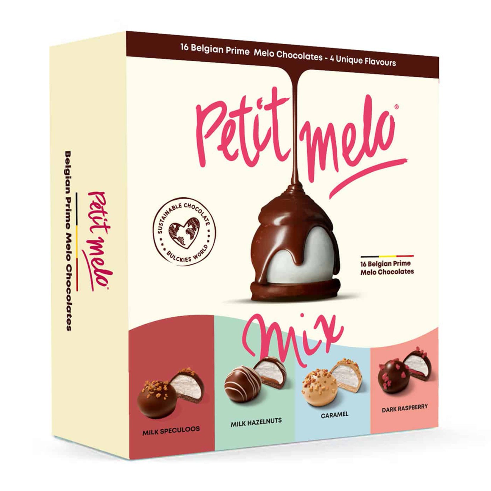 Vandenbulcke Petit Melo Mix brings together a delightful assortment of soft mallow centers coated in smooth milk and dark chocolate, finished with hints of caramel and berry flavors.