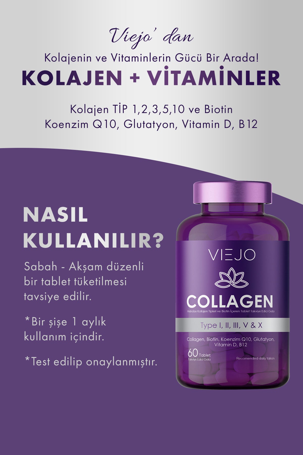 Viejo Collagen Complex Tablets provide a comprehensive blend of Collagen Types I, II, III, V, and X combined with Biotin, Coenzyme Q10 (CoQ10), Glutathione, Vitamin D (Cholecalciferol), and Vitamin B12 (Cobalamin).