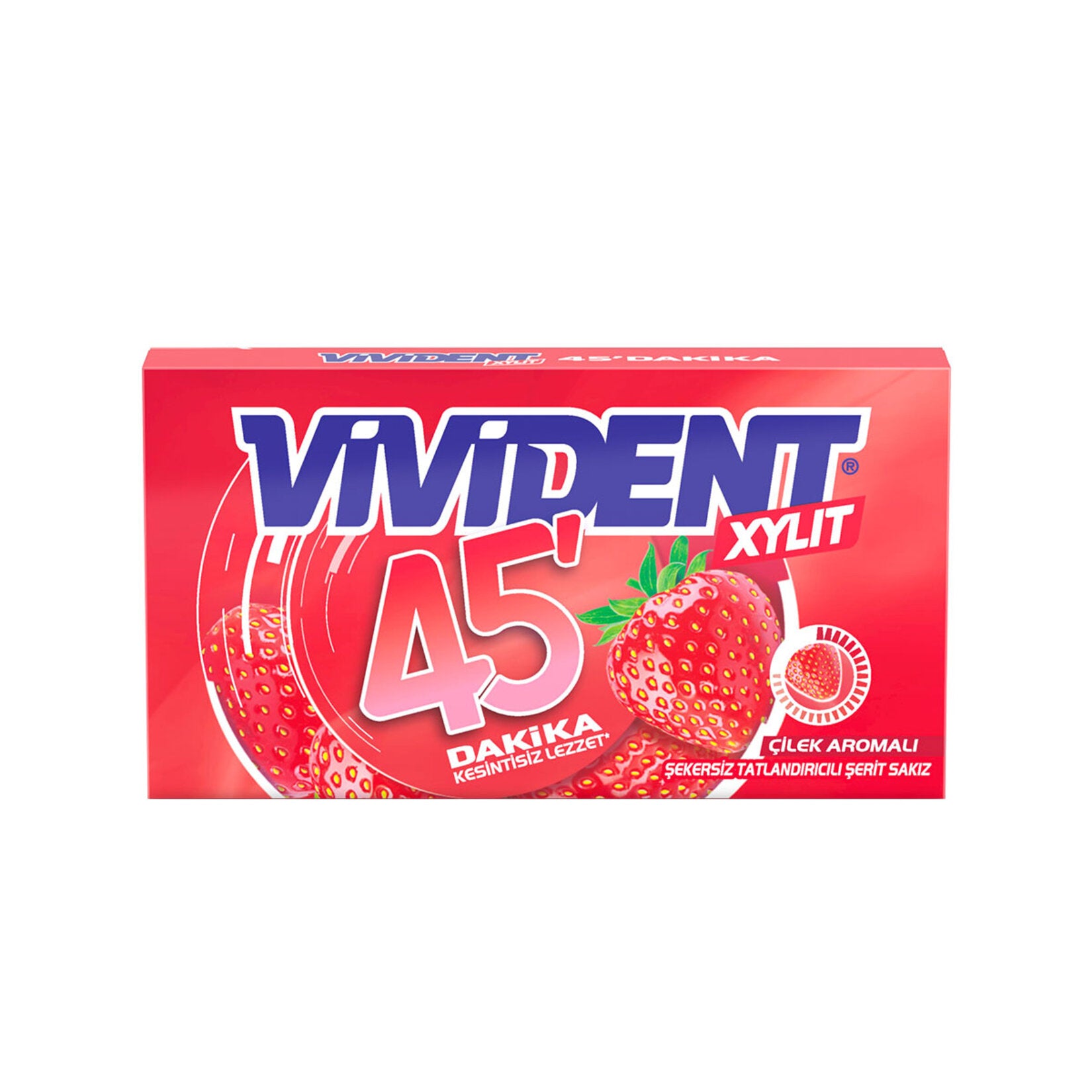Vivident 45Dk Strawberry Chewing Gum delivers a long-lasting burst of fruity flavor in a convenient wallet-sized pack.